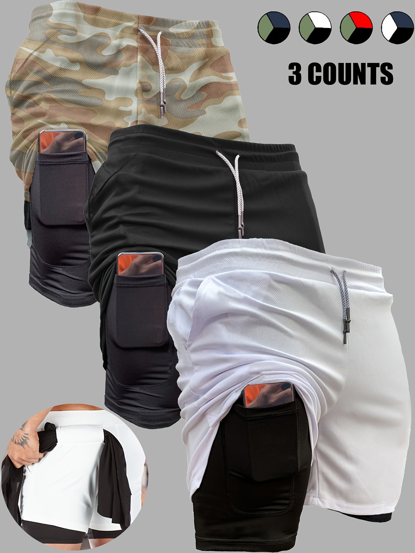 3pcs Men's 2-in-1 Double Layer Shorts With Inner Pocket