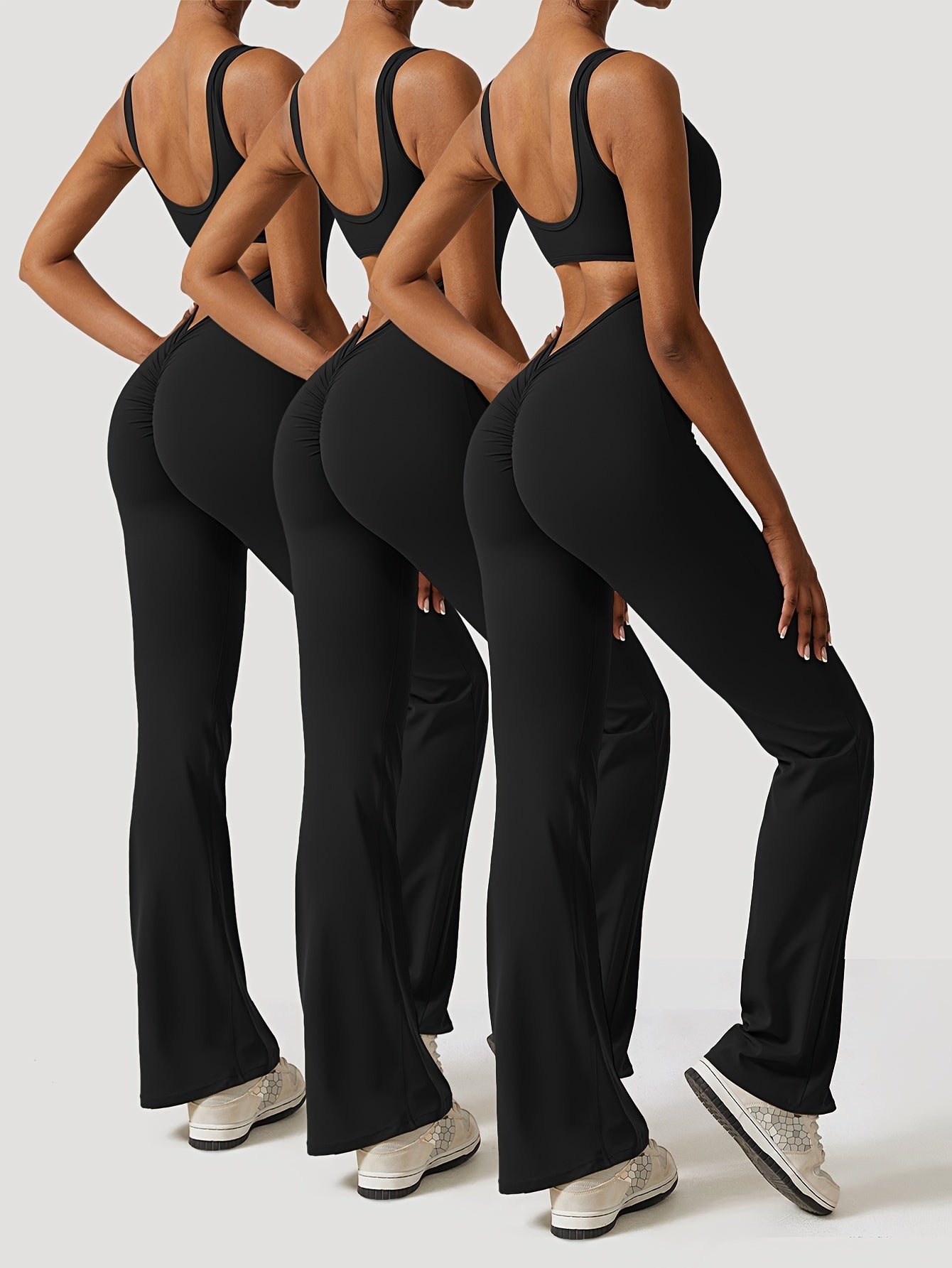 3pcs Solid Color Cut Out Backless Yoga Bodysuit,