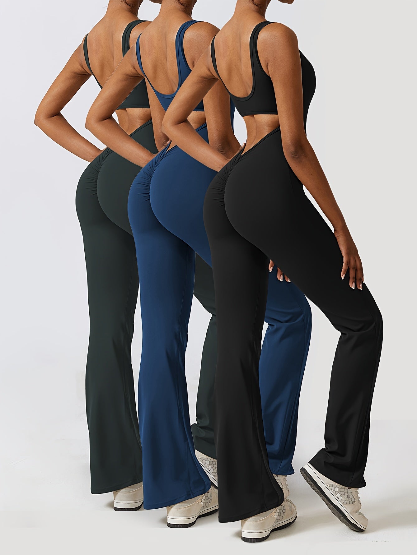 3pcs Solid Color Cut Out Backless Yoga Bodysuit,