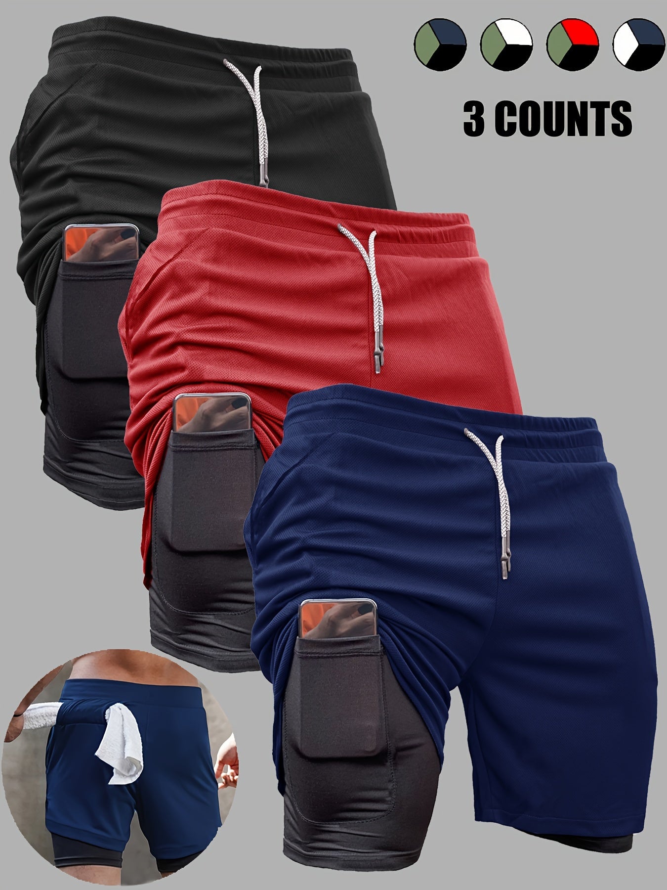 3pcs Men's 2-in-1 Double Layer Shorts With Inner Pocket