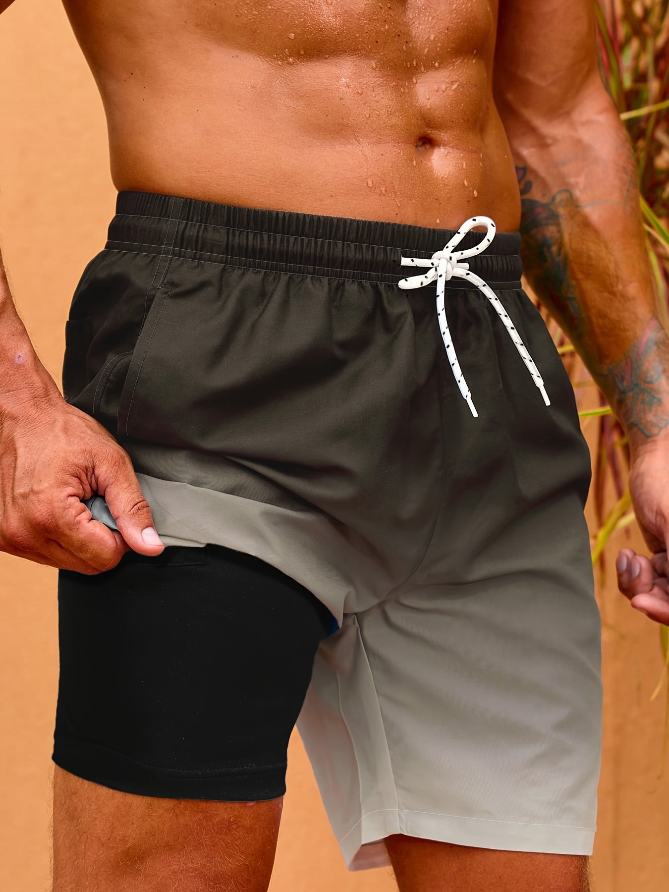 Men's 4-pack Set Of Gradient Color Double-layer Drawstring Board Short
