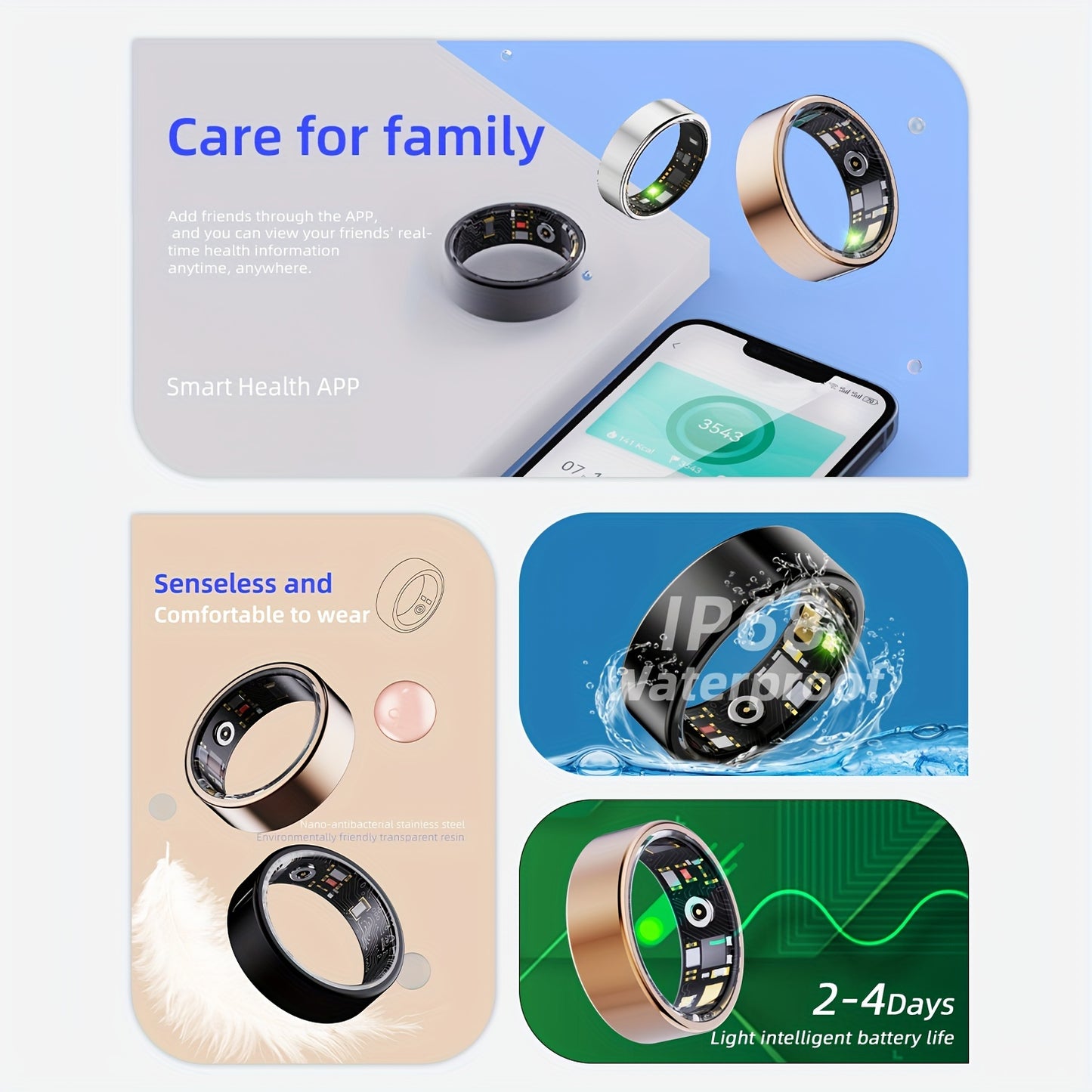 Smart Ring Fitness Tracker, Steps, Distance, Calories, Sleep Tracking, Exercise Monitoring, Compatible with iPhone Android, IP68 Waterproof, Smart Jewelry, Accessories, Gift for Women Men