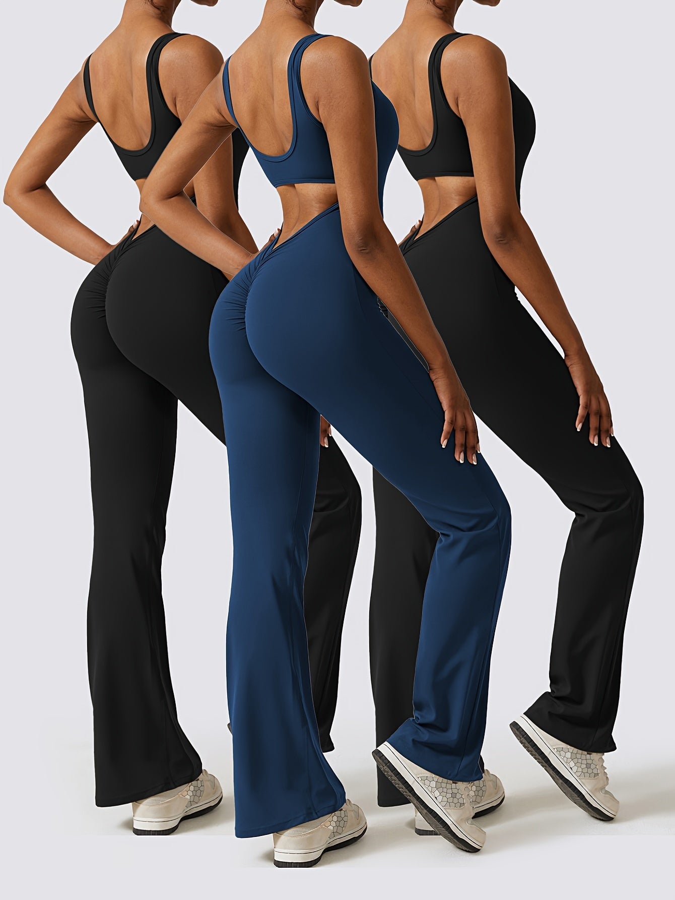 3pcs Solid Color Cut Out Backless Yoga Bodysuit,