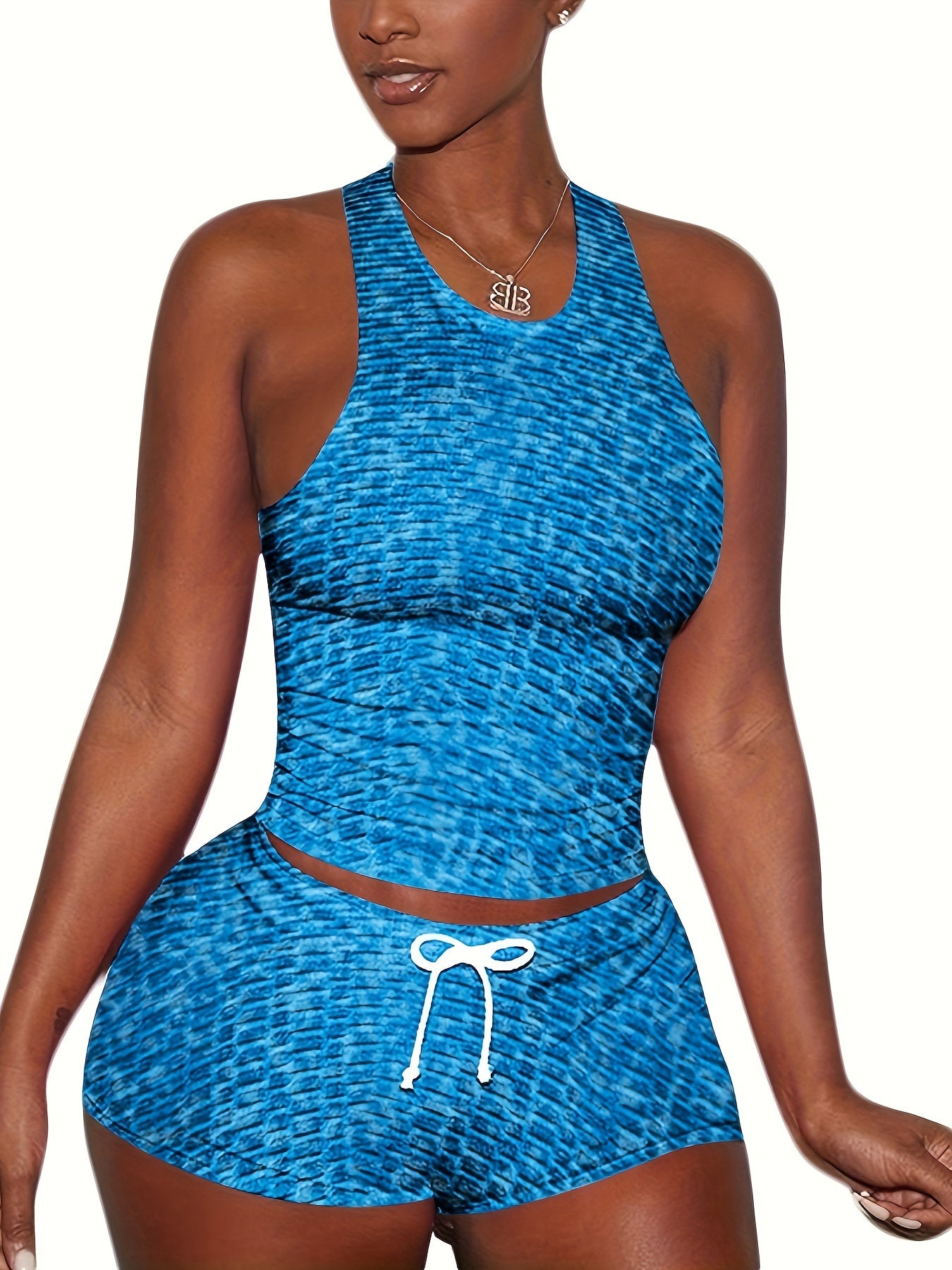 Ladies Pineapple Jacquard sleeveless tank top and cycling shorts two-piece suit