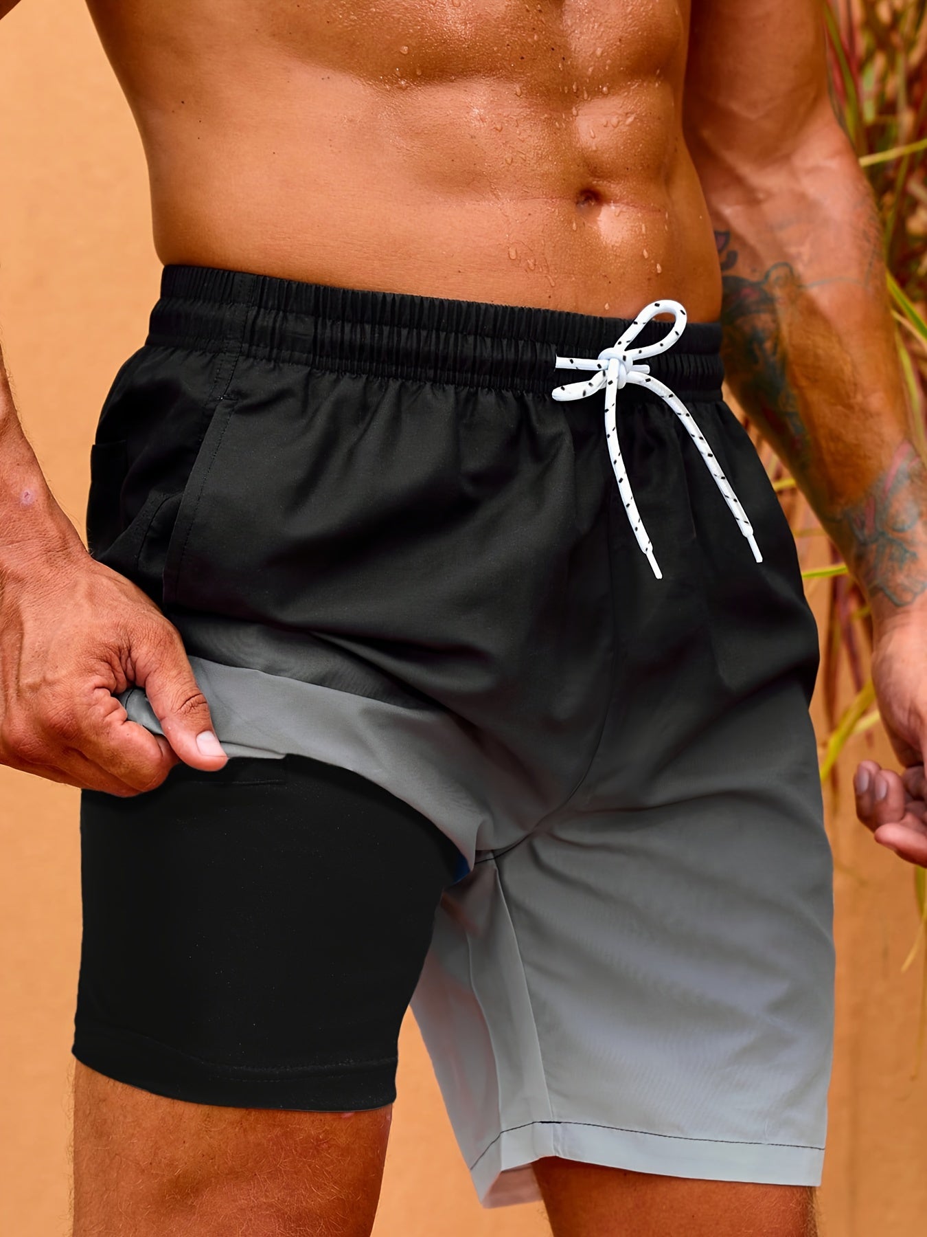 Men's 4-pack Set Of Gradient Color Double-layer Drawstring Board Short