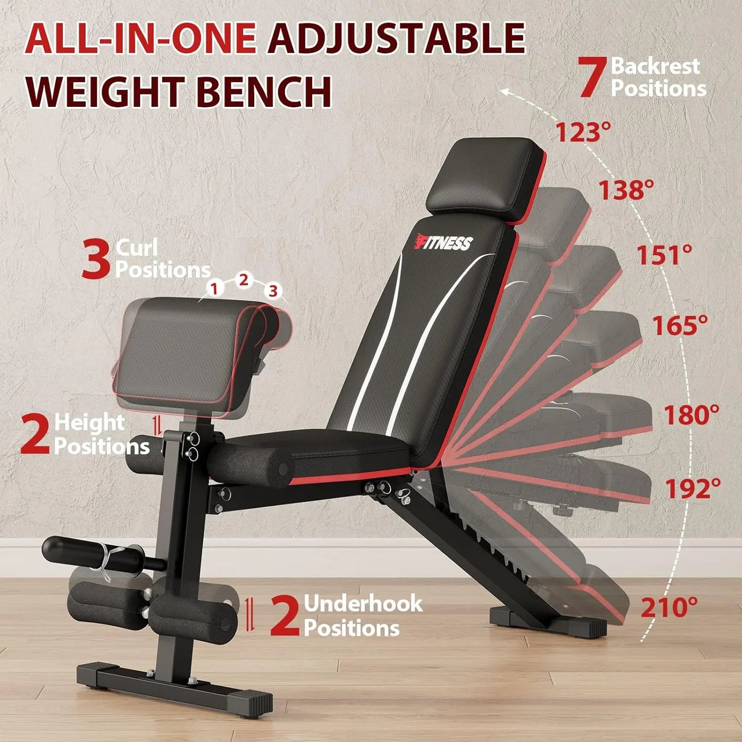 Workout Bench, Adjustable Weight Bench with Leg Extension, Preacher Pad, Extended Headrest, 880LBS