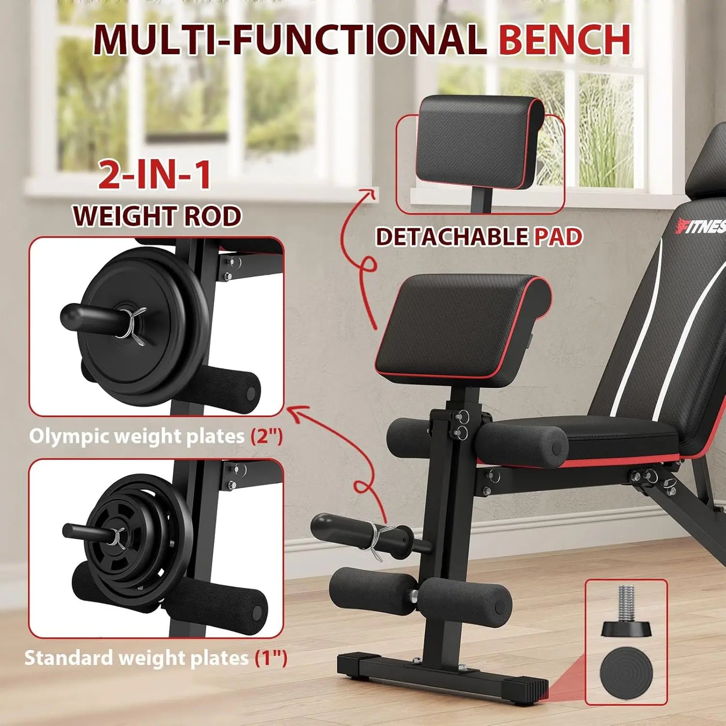 Workout Bench, Adjustable Weight Bench with Leg Extension, Preacher Pad, Extended Headrest, 880LBS