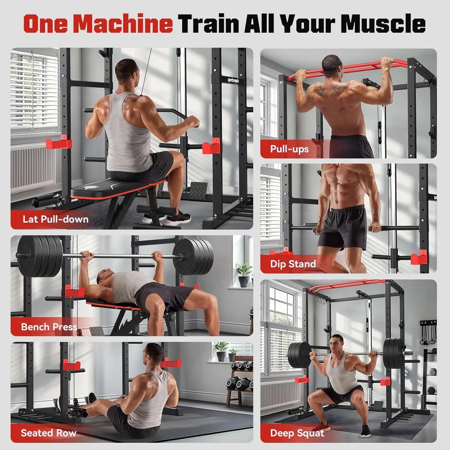 Multi-Functional Power Cage with LAT Pulldown Pulley System, Squat Rack with More Training Attachments for Home Gym