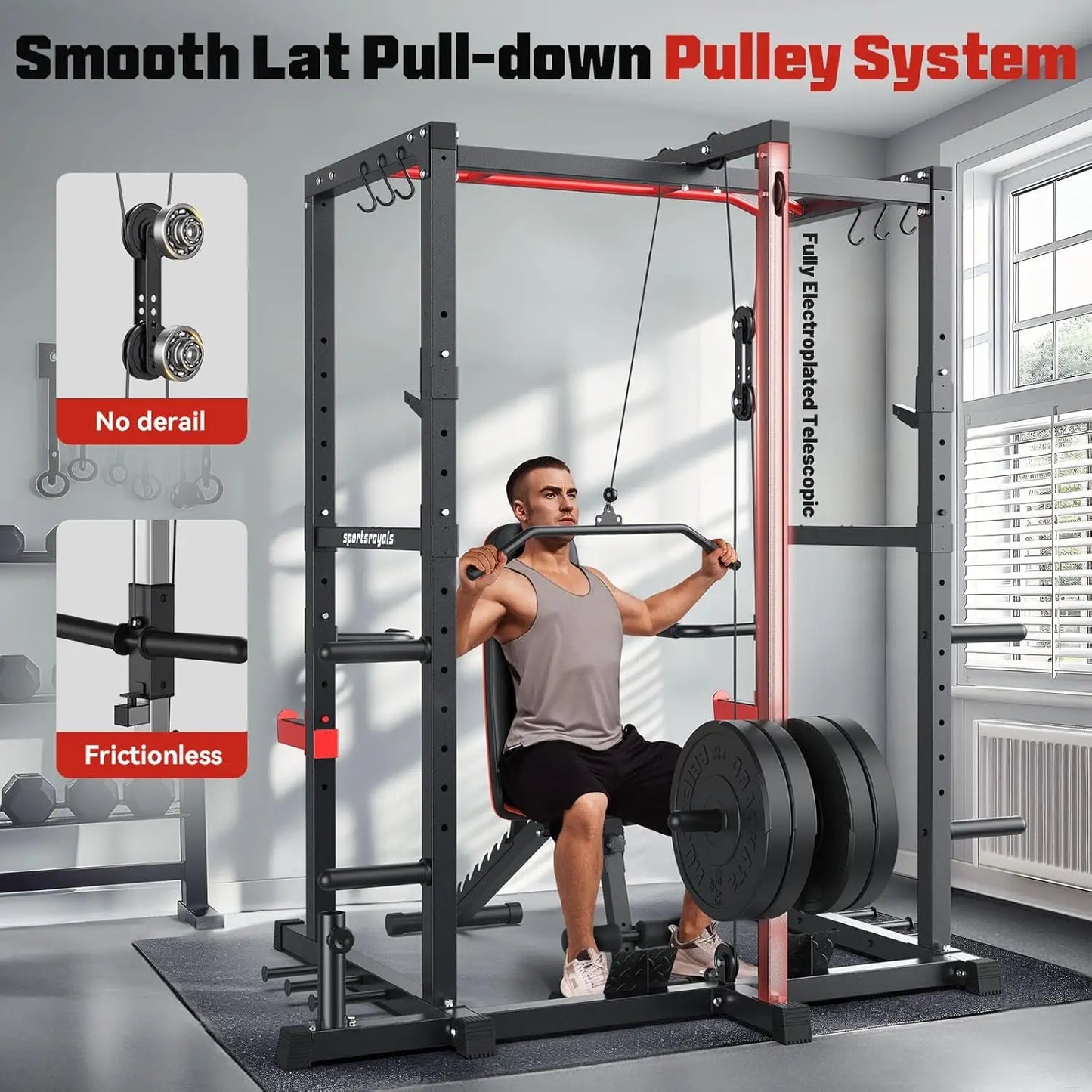 Multi-Functional Power Cage with LAT Pulldown Pulley System, Squat Rack with More Training Attachments for Home Gym