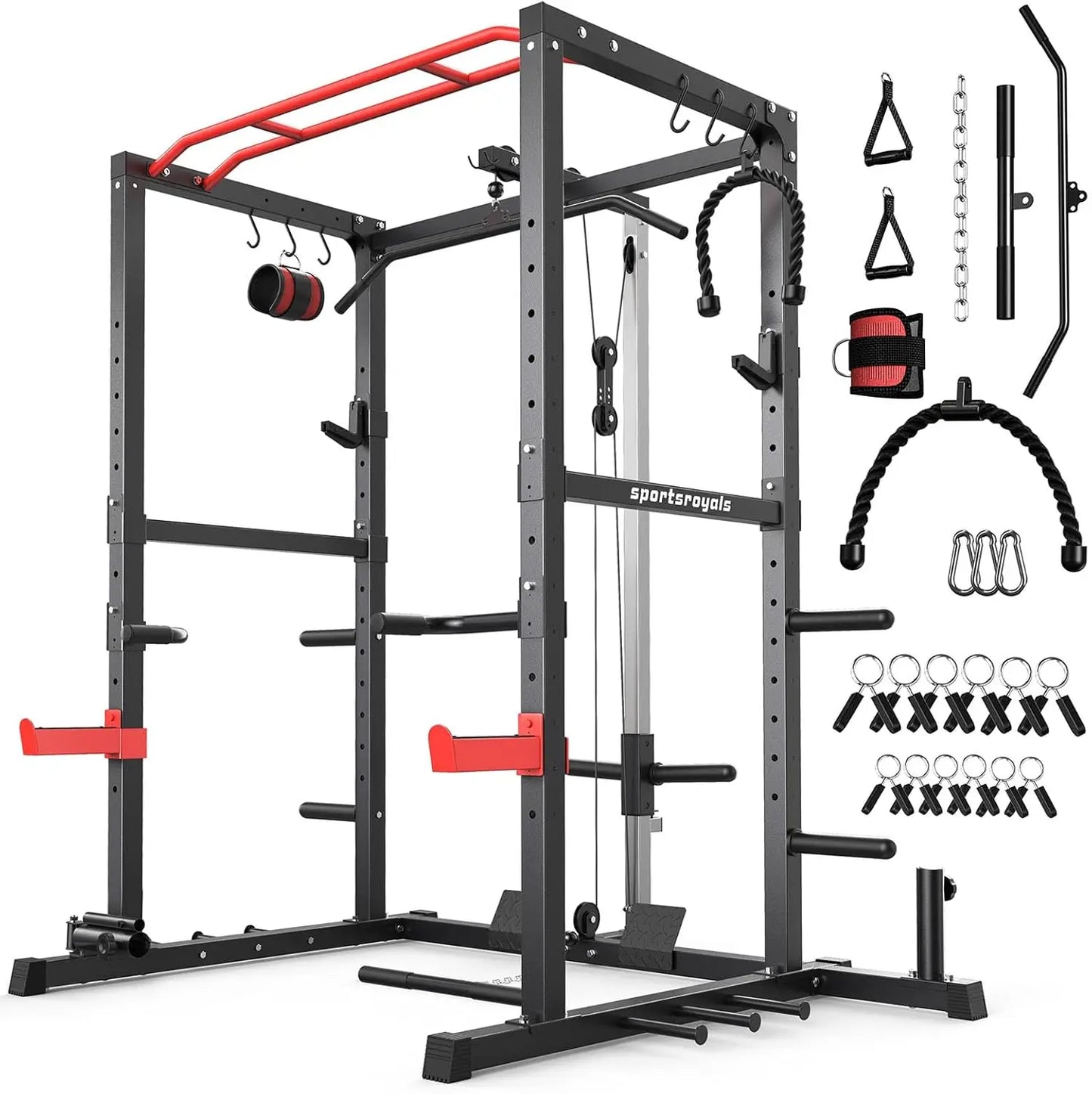 Multi-Functional Power Cage with LAT Pulldown Pulley System, Squat Rack with More Training Attachments for Home Gym