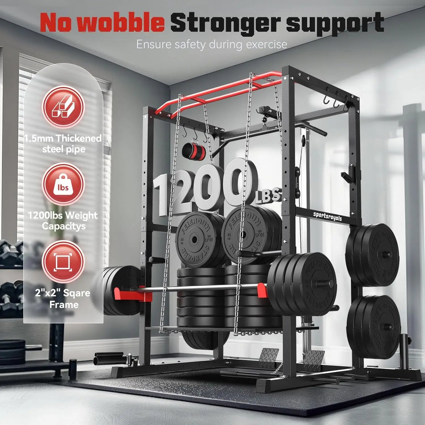 Multi-Functional Power Cage with LAT Pulldown Pulley System, Squat Rack with More Training Attachments for Home Gym