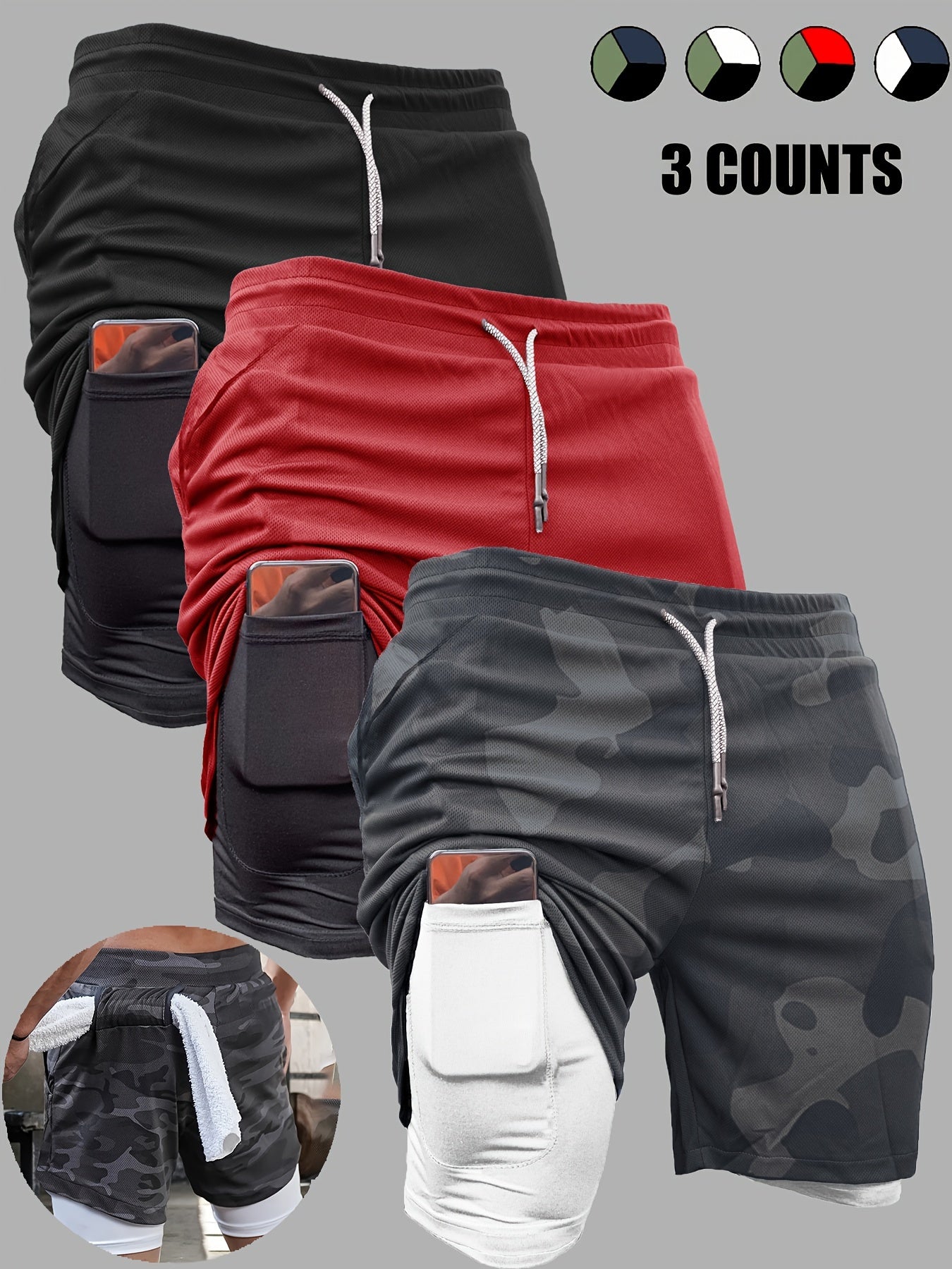 3pcs Men's 2-in-1 Double Layer Shorts With Inner Pocket