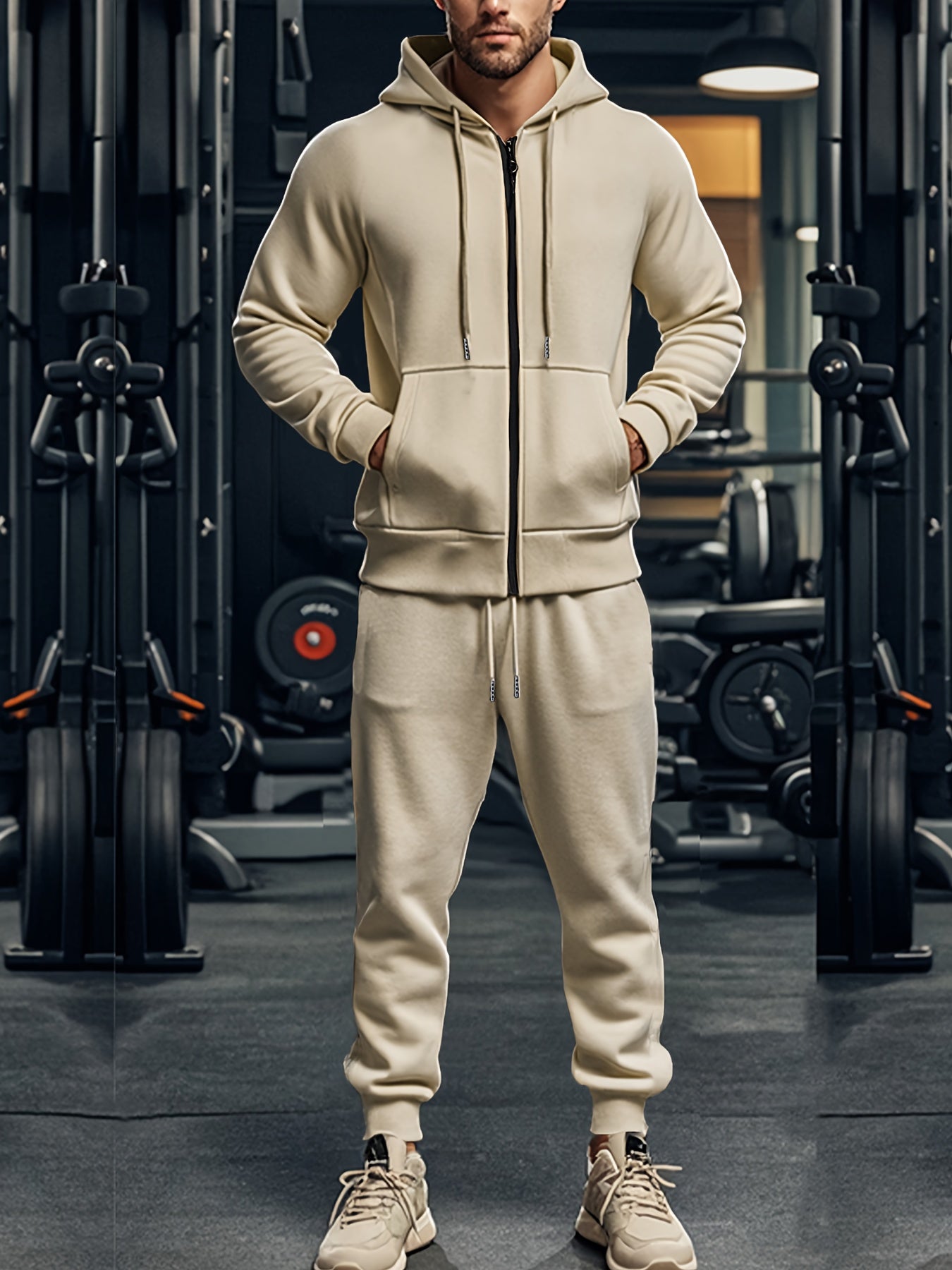2pcs Men's Solid Color Hooded Long Sleeve Sweatshirt + Pants Set