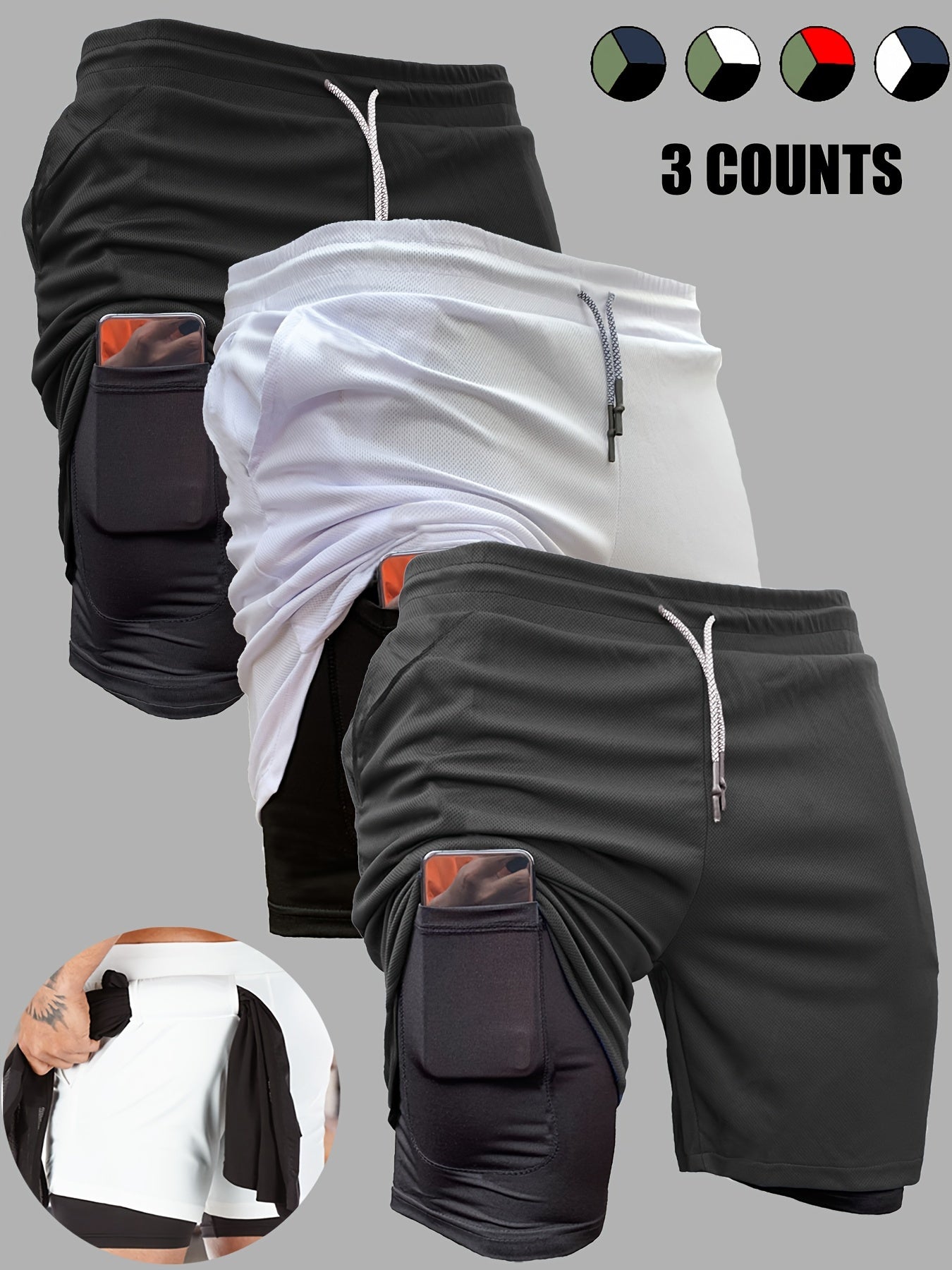 3pcs Men's 2-in-1 Double Layer Shorts With Inner Pocket
