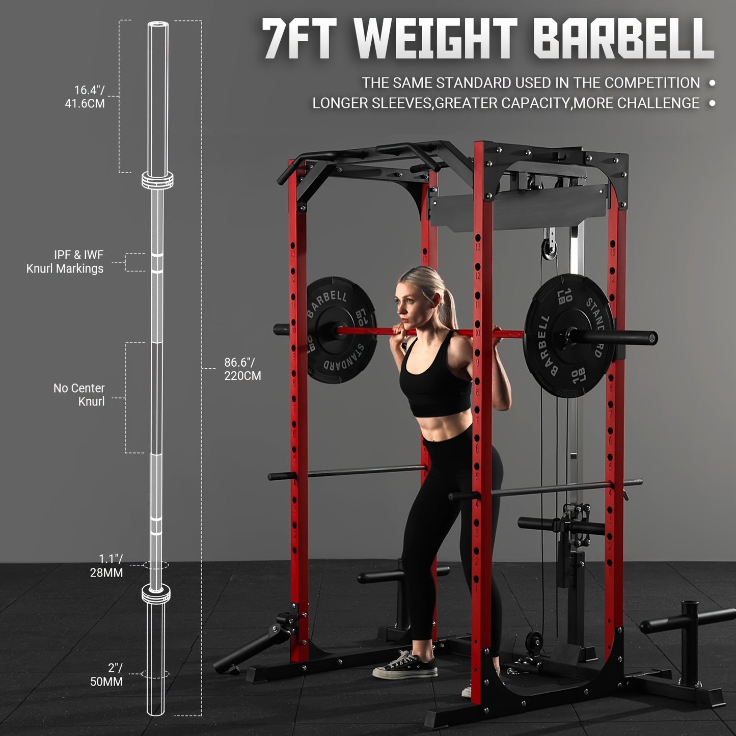 1500LBS Capacity 7ft Weight Barbell, 45lb Bar Fit 2" Standard Weights
