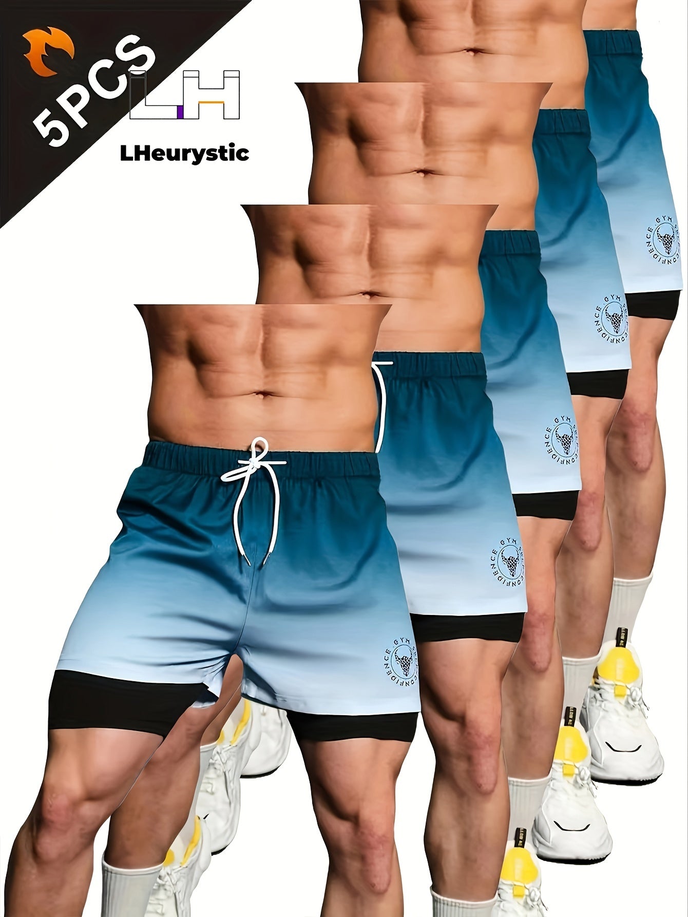5pcs Bull Head Double-Layer Loose Fit Gym Shorts