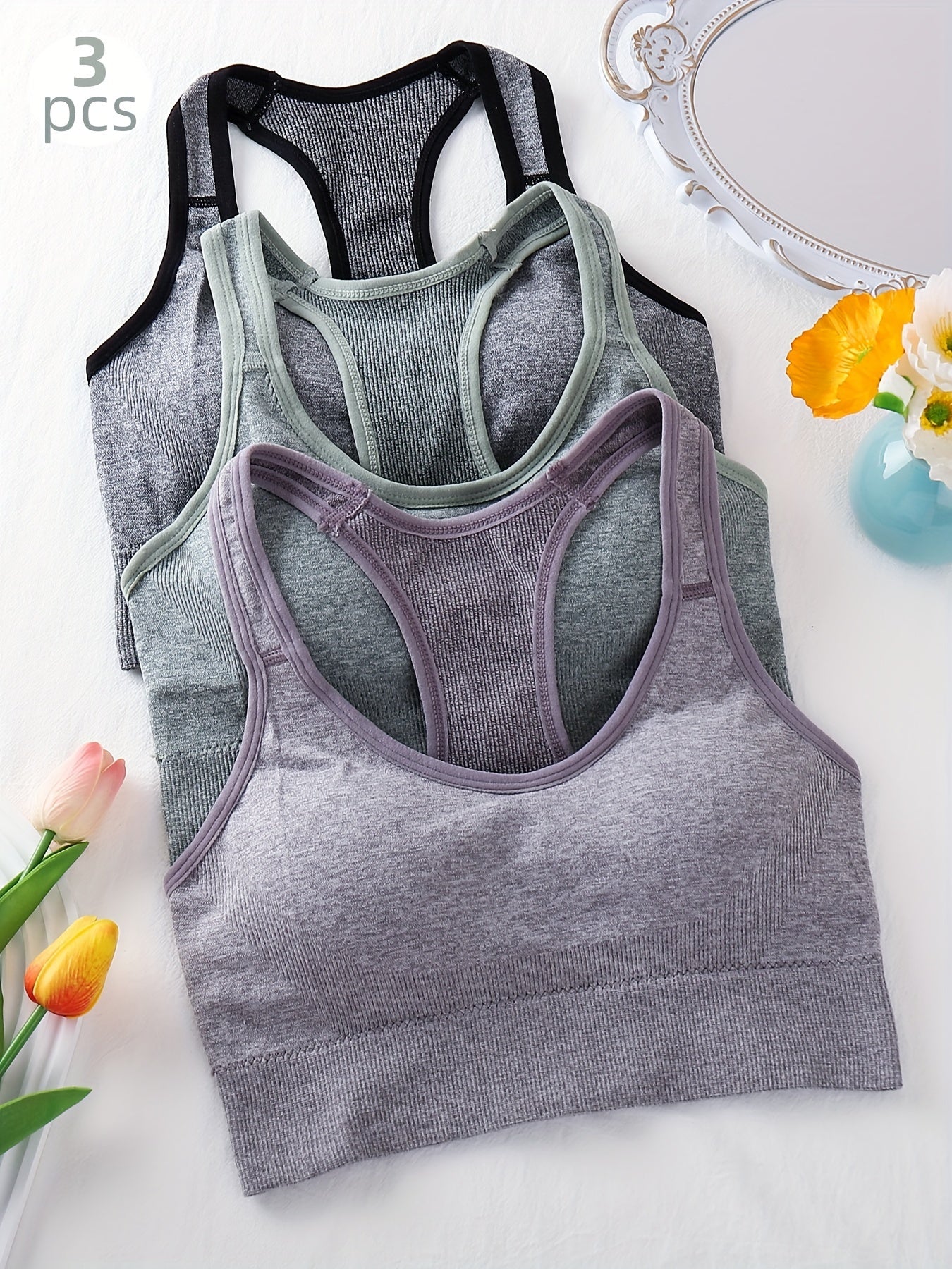 3-Pack Women's Sports Bras, Seamless Racerback Yoga Fitness Tank Tops,