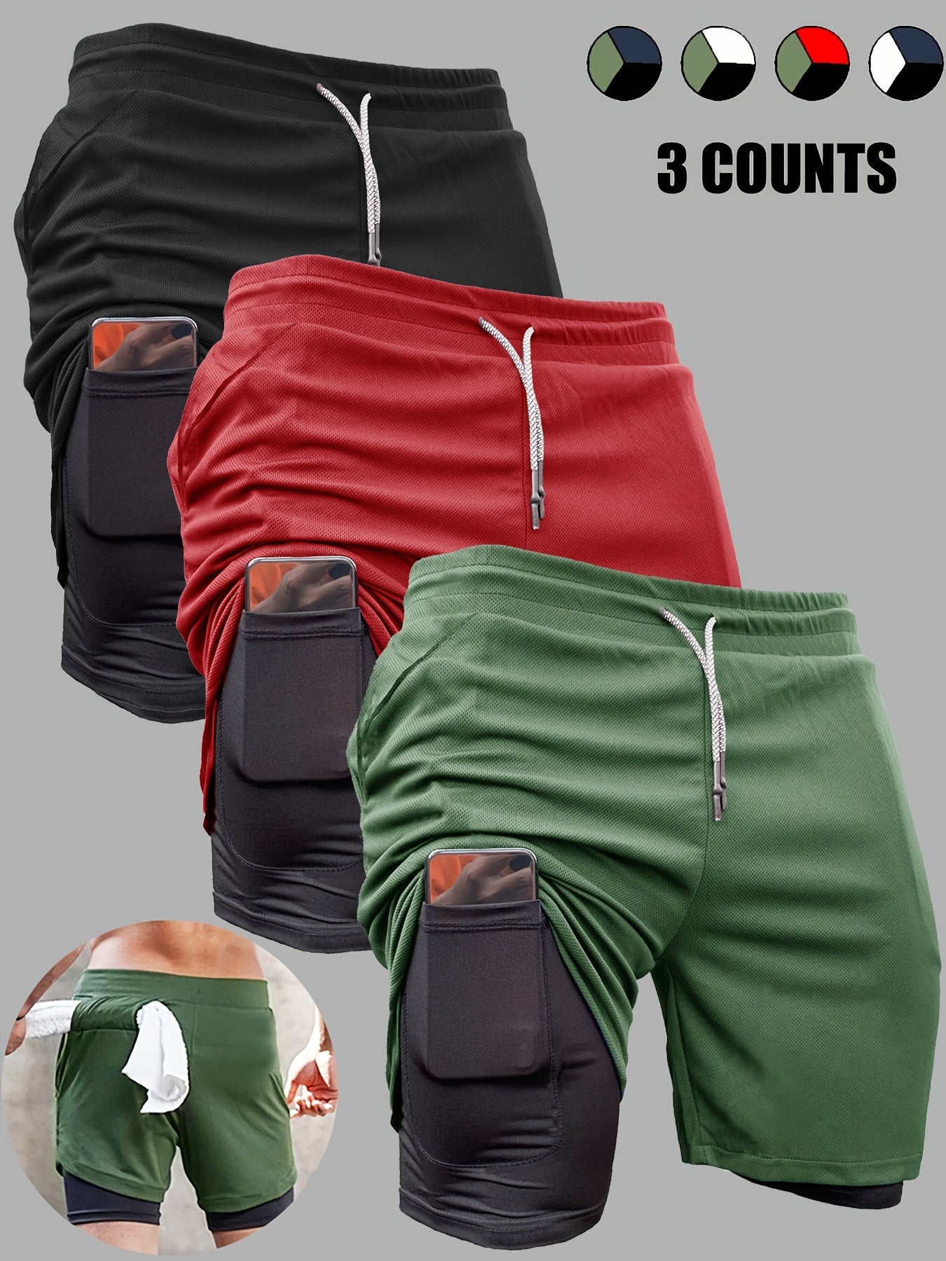3pcs Men's 2-in-1 Double Layer Shorts With Inner Pocket