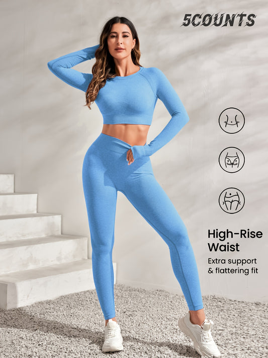 2Pcs Plain Sporty Set, Round Neck Long Sleeves Backless Top & High Waist Running Pant Sports Suit,