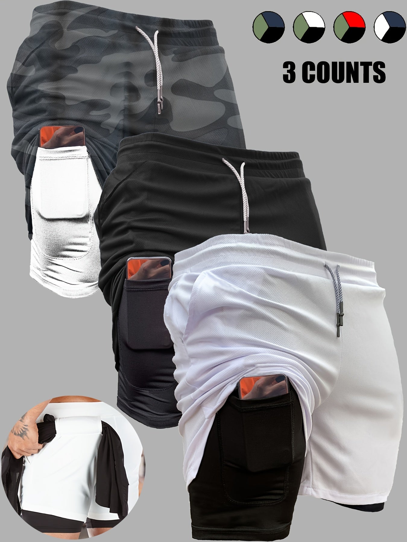 3pcs Men's 2-in-1 Double Layer Shorts With Inner Pocket