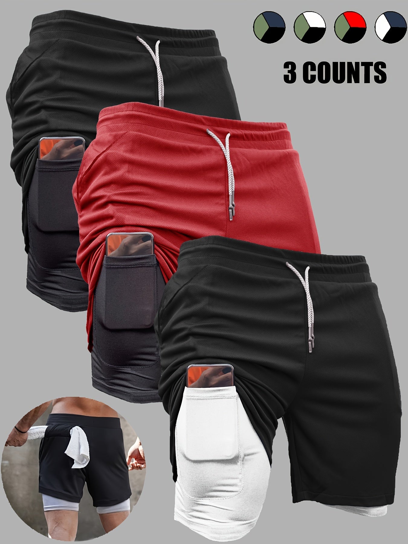 3pcs Men's 2-in-1 Double Layer Shorts With Inner Pocket