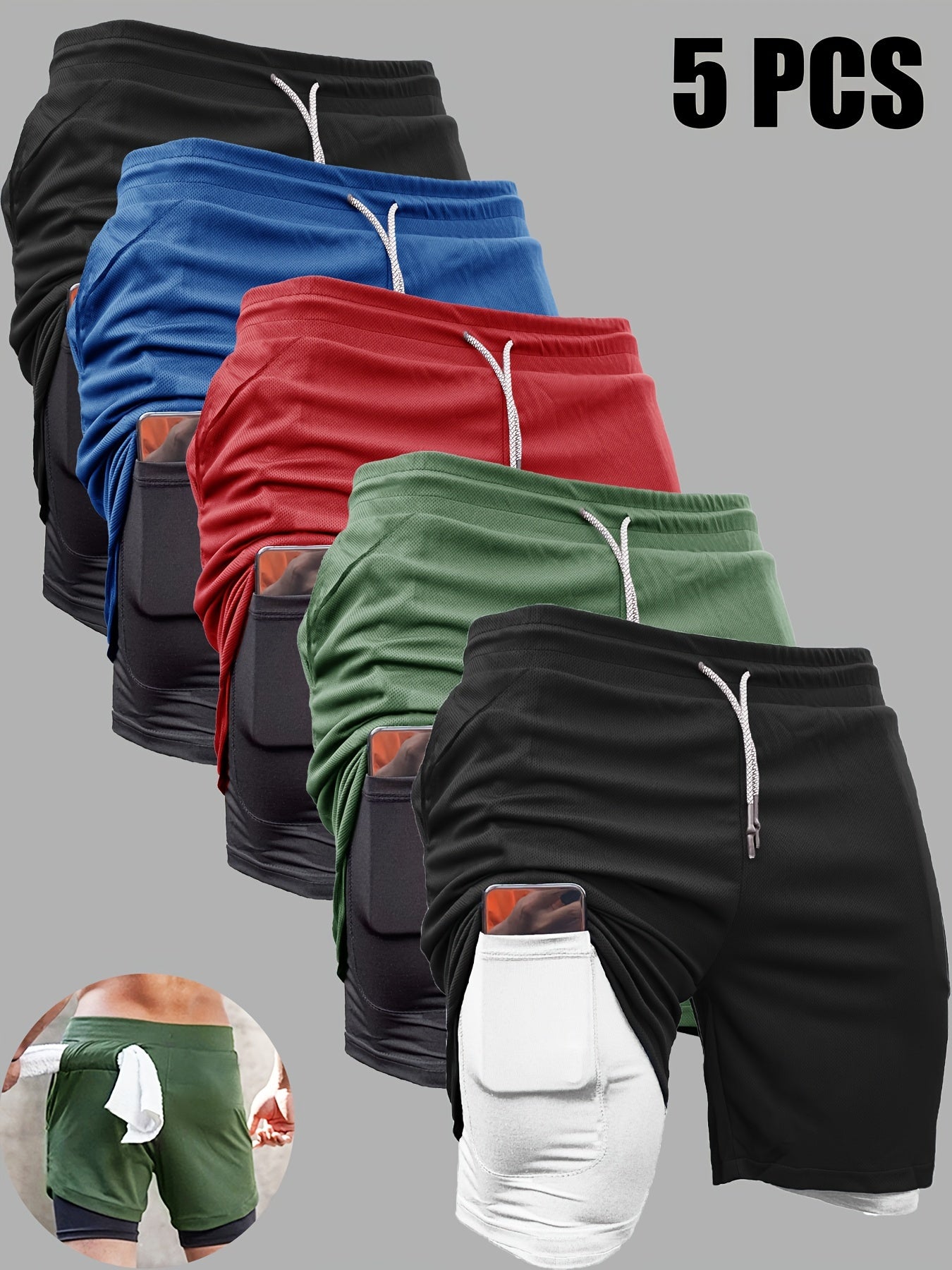 5pcs Men's 2-in-1 Double Layer Shorts With Inner Pocket