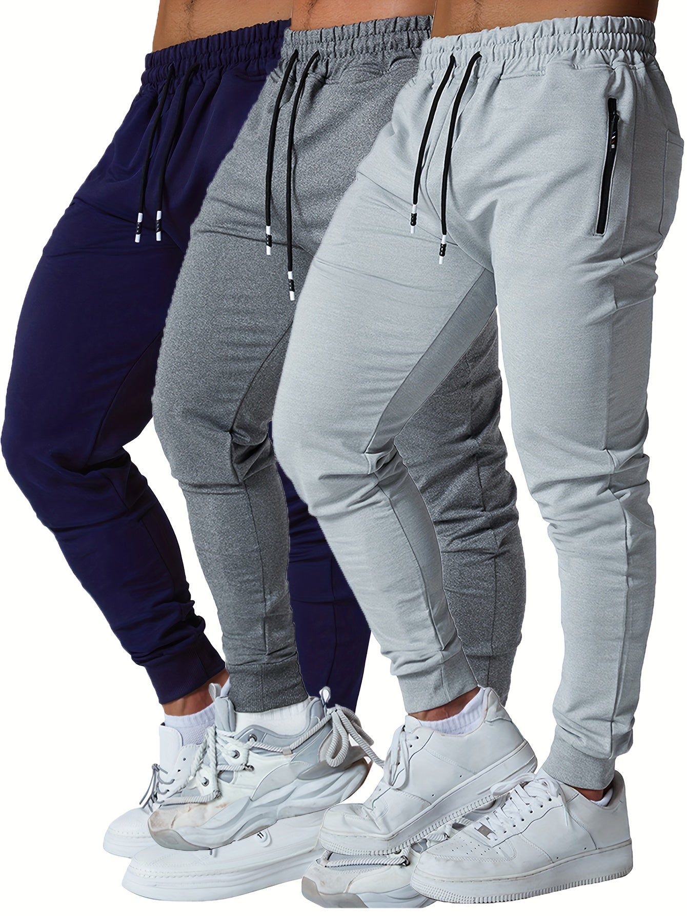 3PCS Zipper Pockets Men's Sweatpants, Tapered Joggers