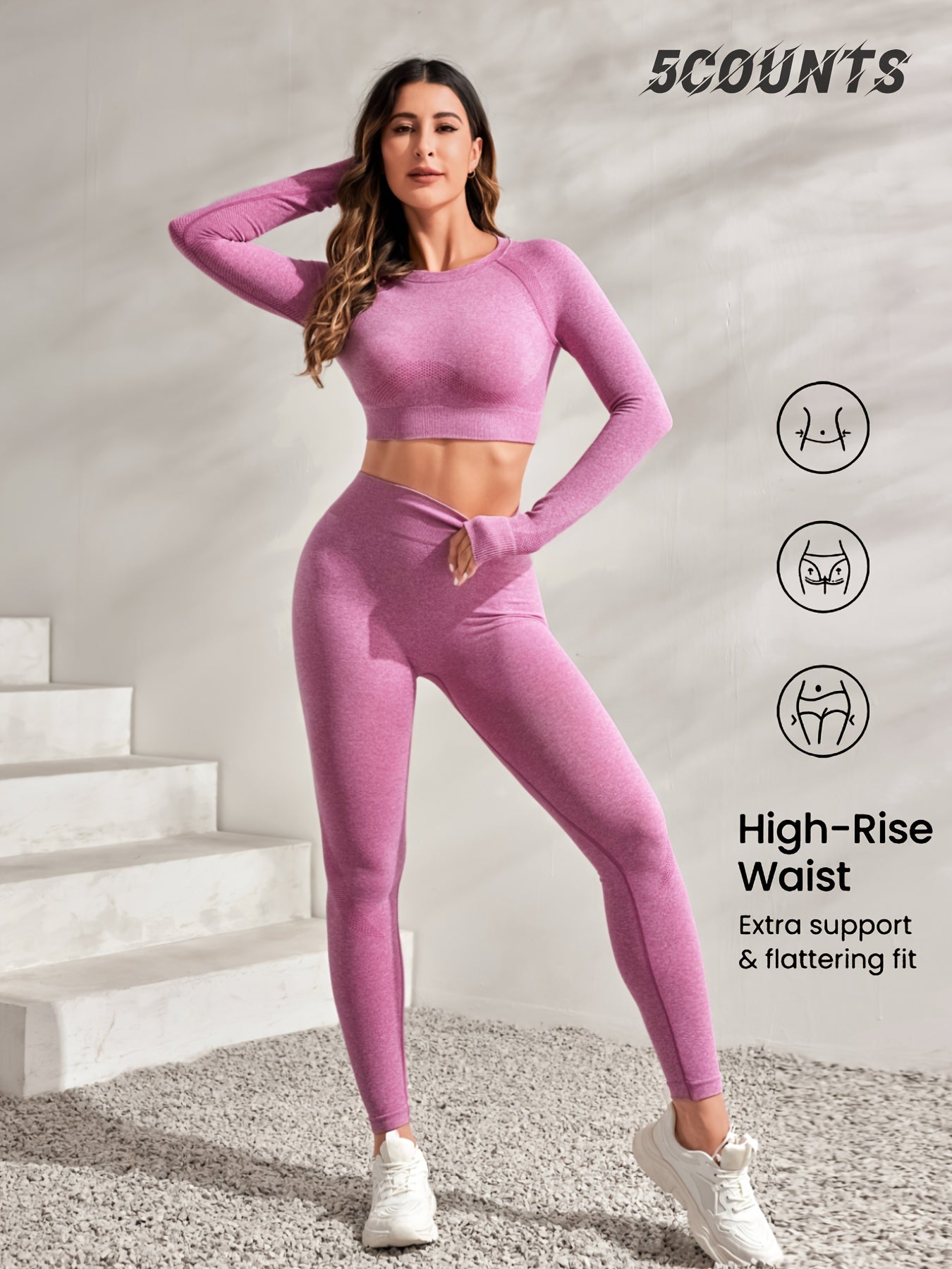 2Pcs Plain Sporty Set, Round Neck Long Sleeves Backless Top & High Waist Running Pant Sports Suit,