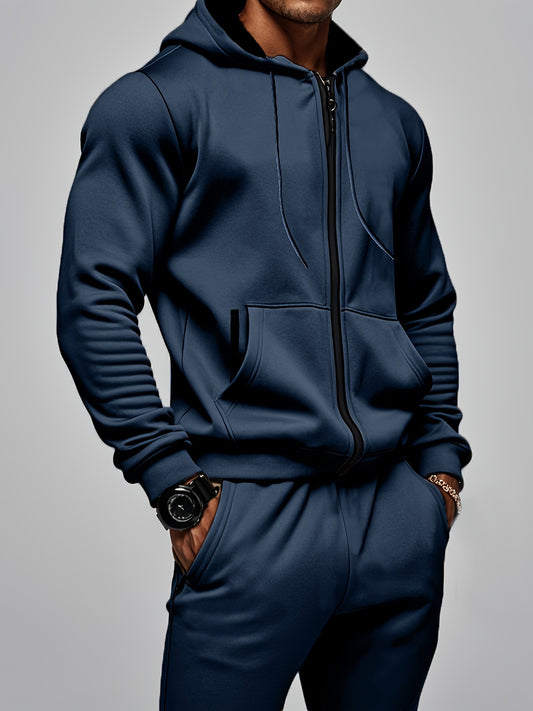 2pcs Men's Solid Color Hooded Long Sleeve Sweatshirt + Pants Set