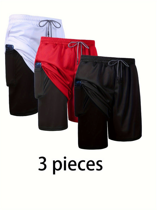 3-Pack Men'S 2-in-1 Dual-Layer Running Shorts with Inner Pocket,