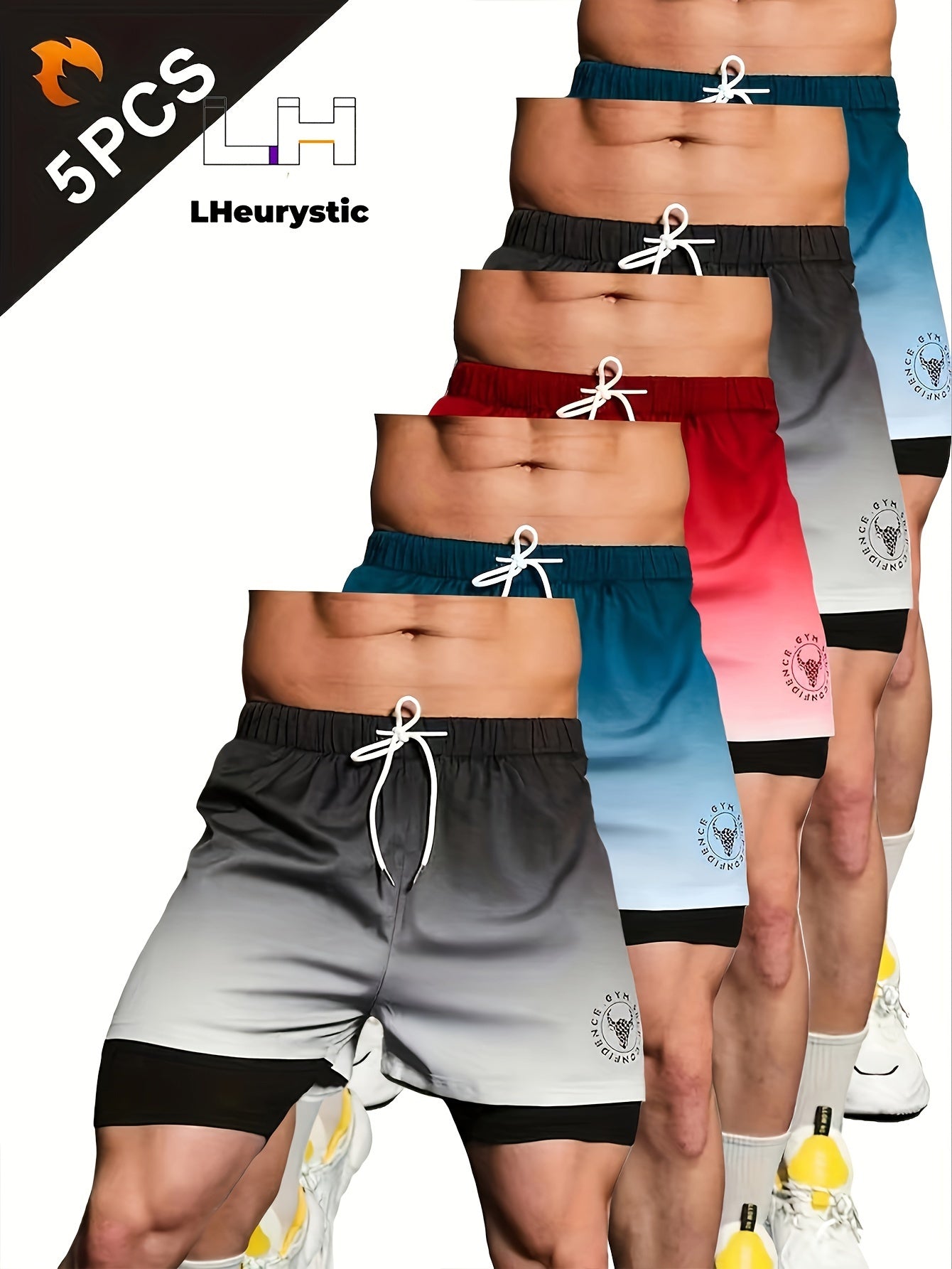 5pcs Bull Head Double-Layer Loose Fit Gym Shorts