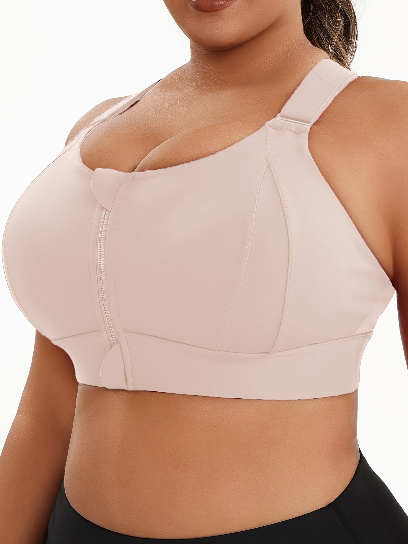 Plus Size Front Zip Sports Bra, High Elasticity Solid Color Fitness Bra, Yoga Athletic Underwear