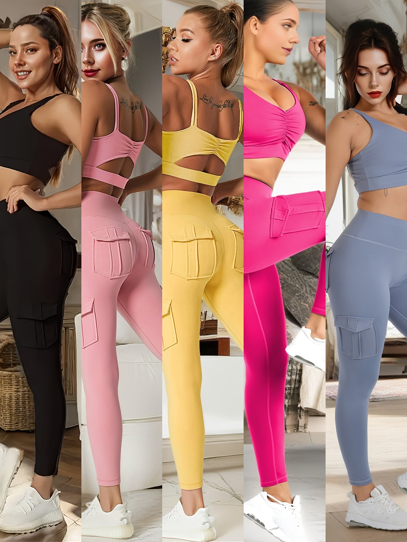 5pcs high-waisted yoga leggings with 4 pockets