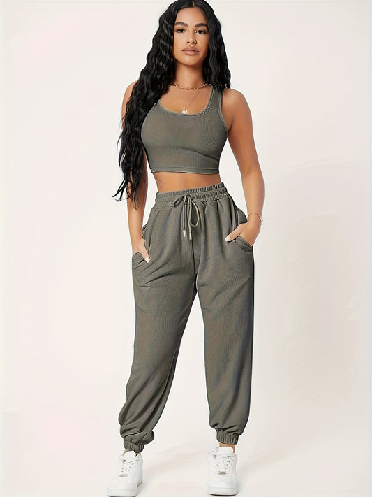 Sleeveless Two-piece Set, Solid Color Crop Tank Top & Drawstring Waist Pocket Jogger Pants Outfits