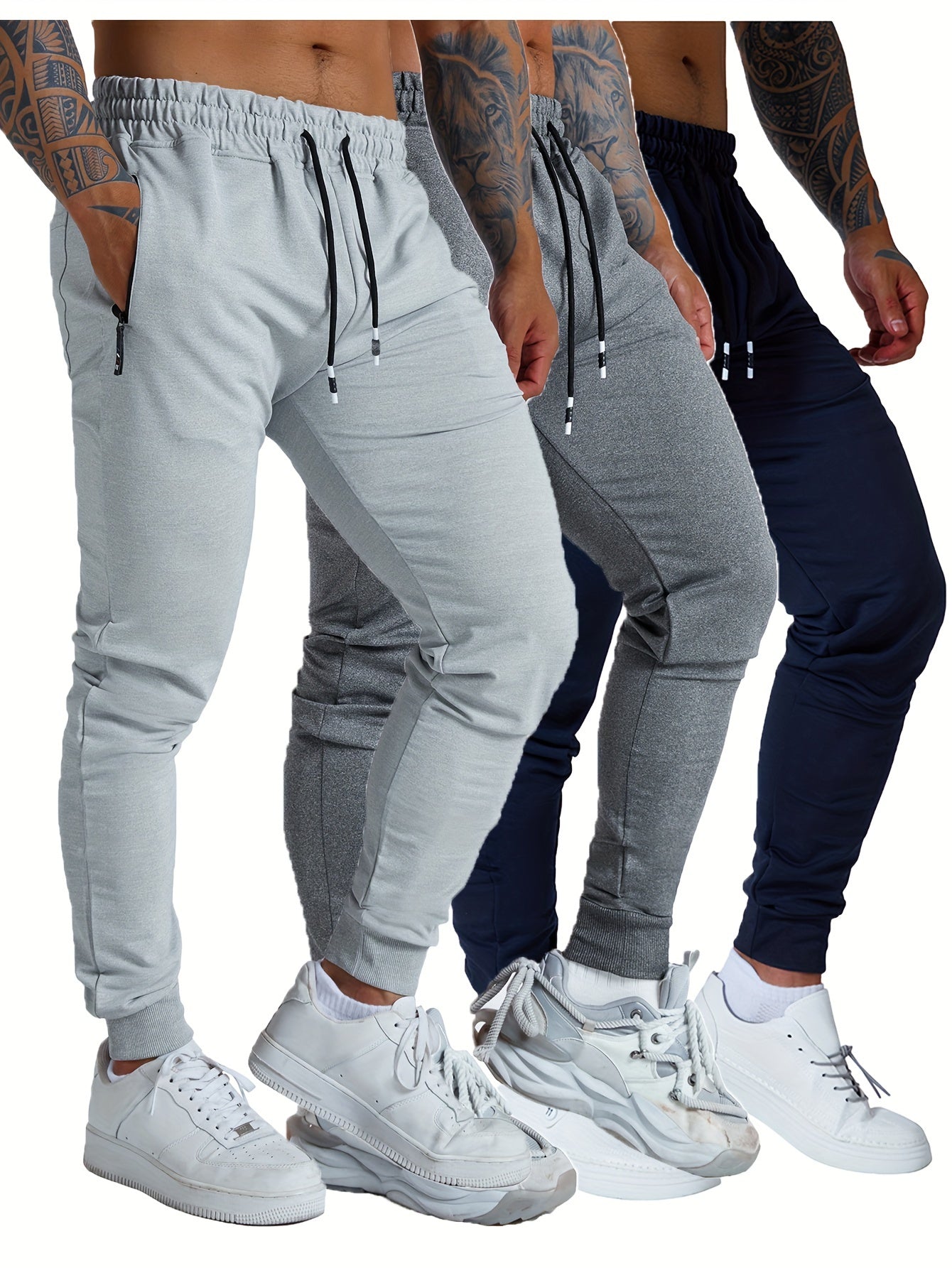 3PCS Zipper Pockets Men's Sweatpants, Tapered Joggers