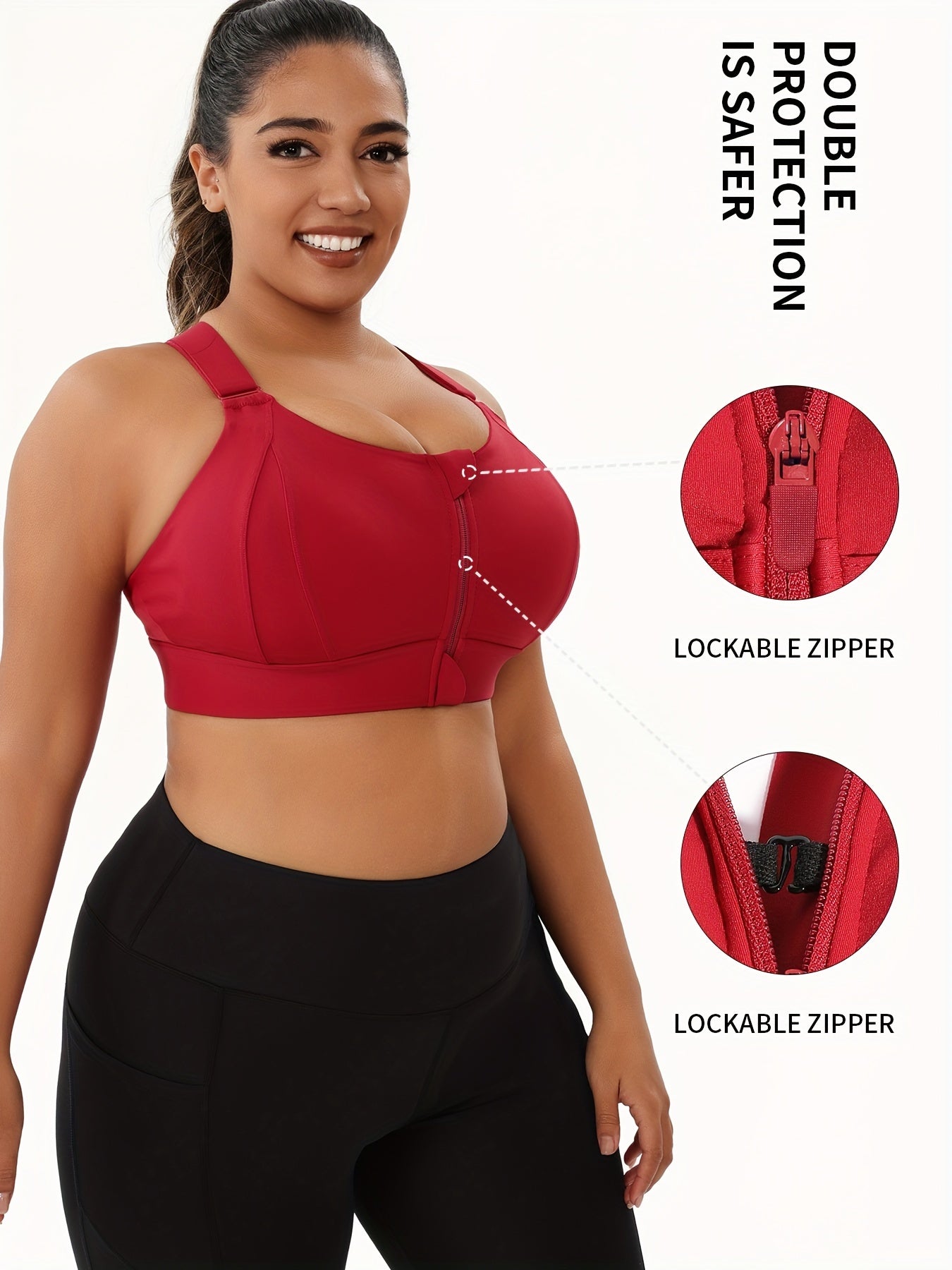 Plus Size Front Zip Sports Bra, High Elasticity Solid Color Fitness Bra, Yoga Athletic Underwear