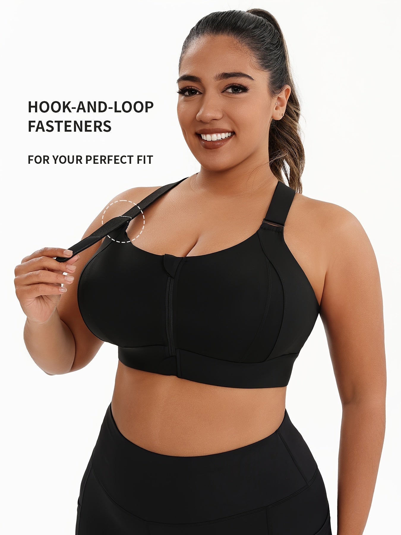 Plus Size Front Zip Sports Bra, High Elasticity Solid Color Fitness Bra, Yoga Athletic Underwear