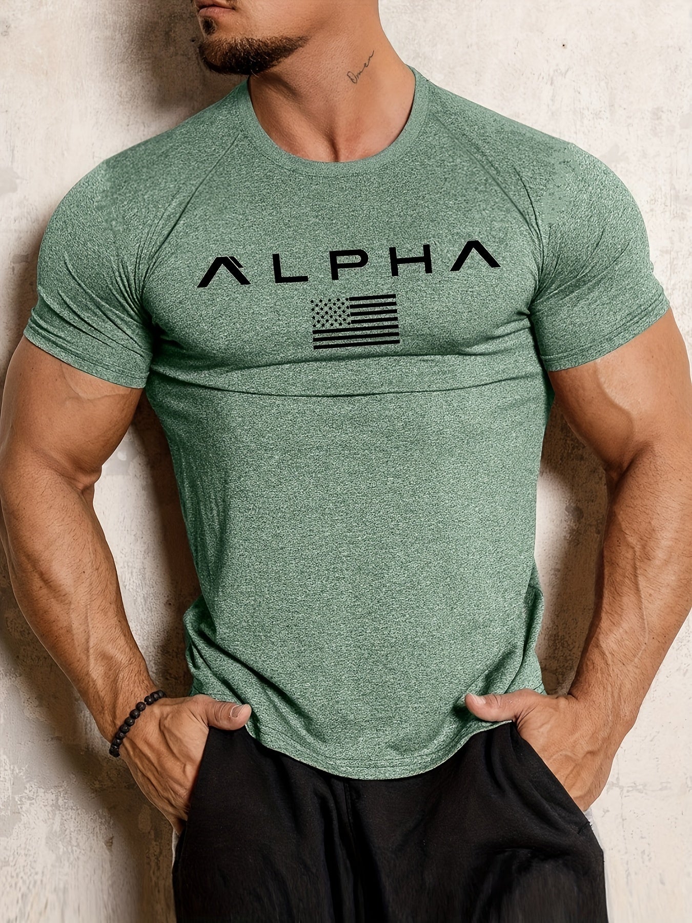 American Flag Alpha Print Comfortable Fit Crew Neck Short Sleeve T-Shirt