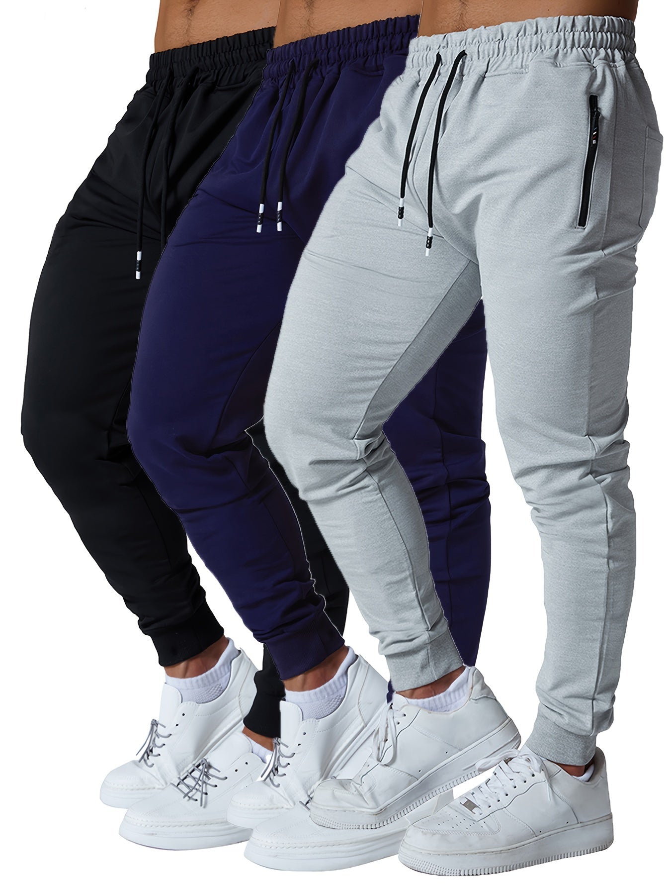 3PCS Zipper Pockets Men's Sweatpants, Tapered Joggers