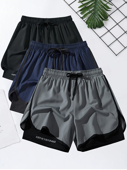 3 Pcs Men's Stylish Solid Two-Piece Drawstring Shorts with Pockets