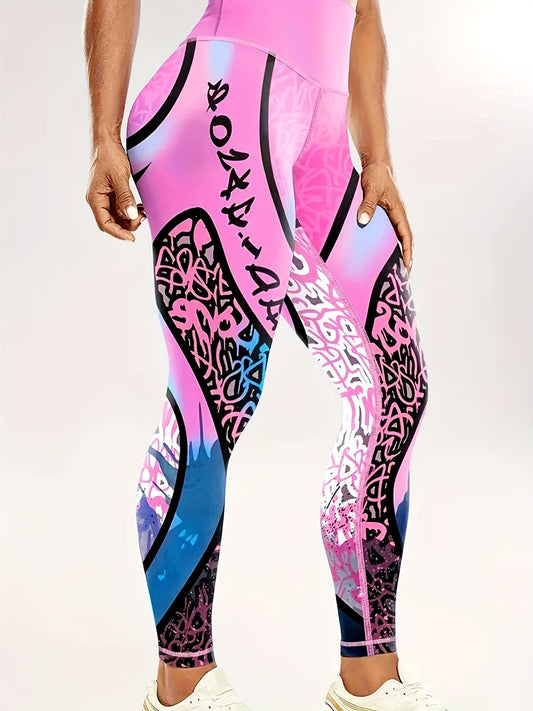 Bright Pink Fashion Print Yoga Pants Tummy Tucks and Hips Lift Gym Pants Slim Leggings