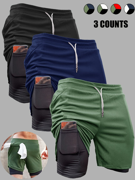 3pcs Men's 2-in-1 Double Layer Shorts With Inner Pocket