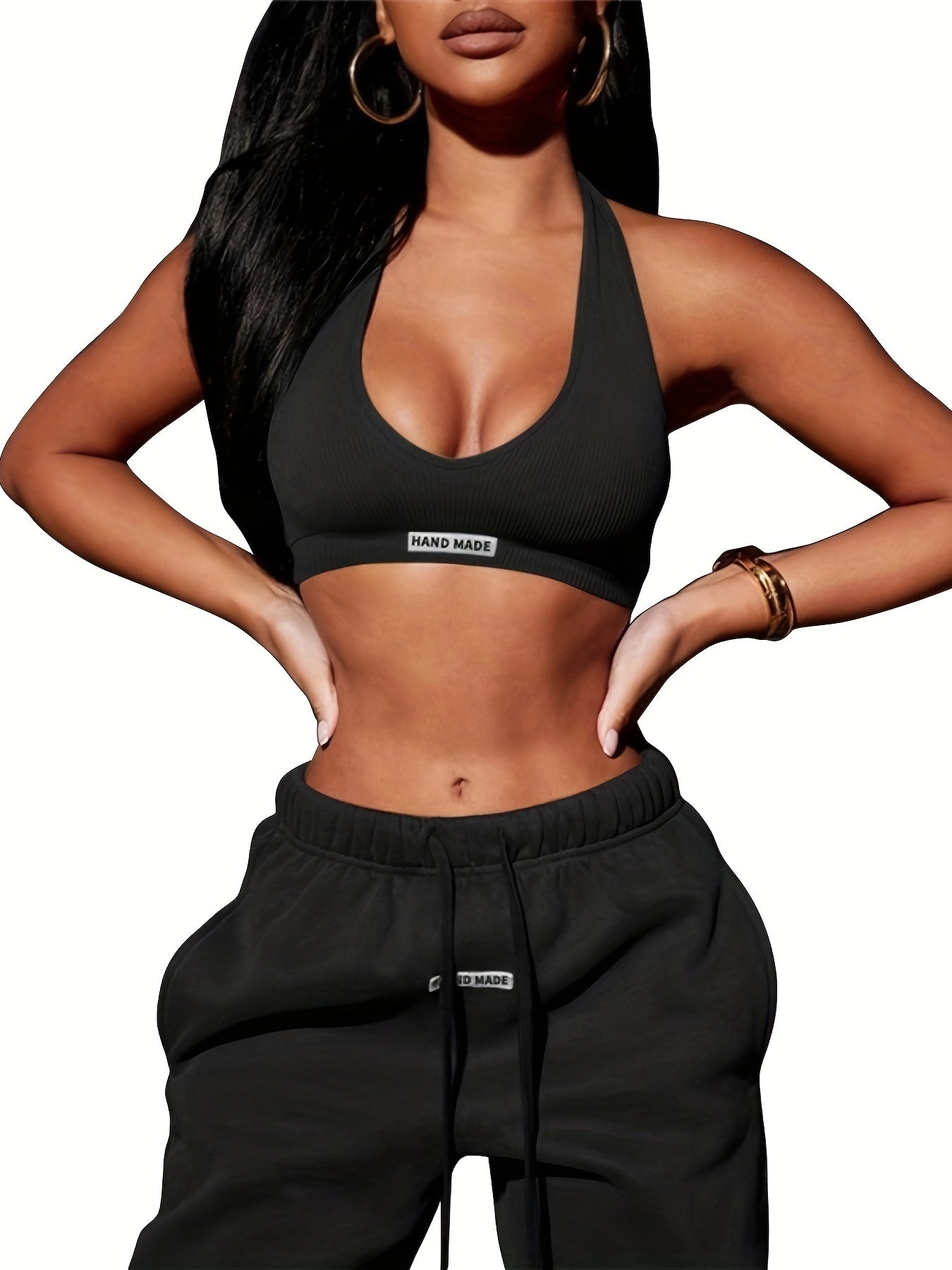 2pcs Halter Neck Crop Top & Drawstring Sweatpants Set,