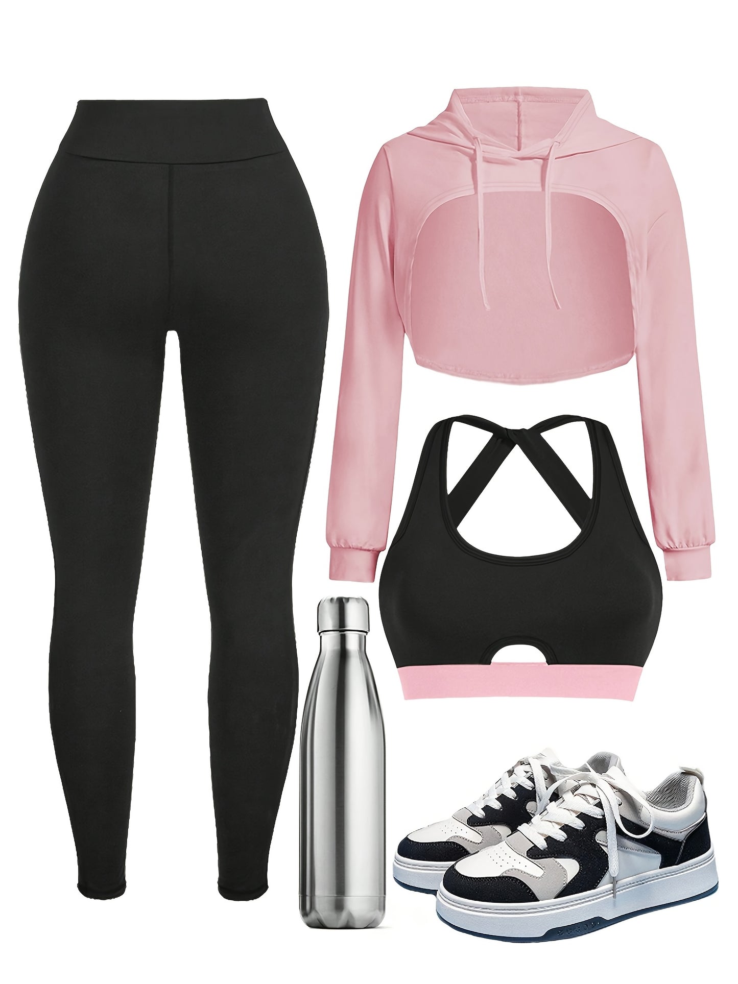 Women's Three-Piece Set: Tight Trousers + Long-Sleeved Hooded Vest + Bra.