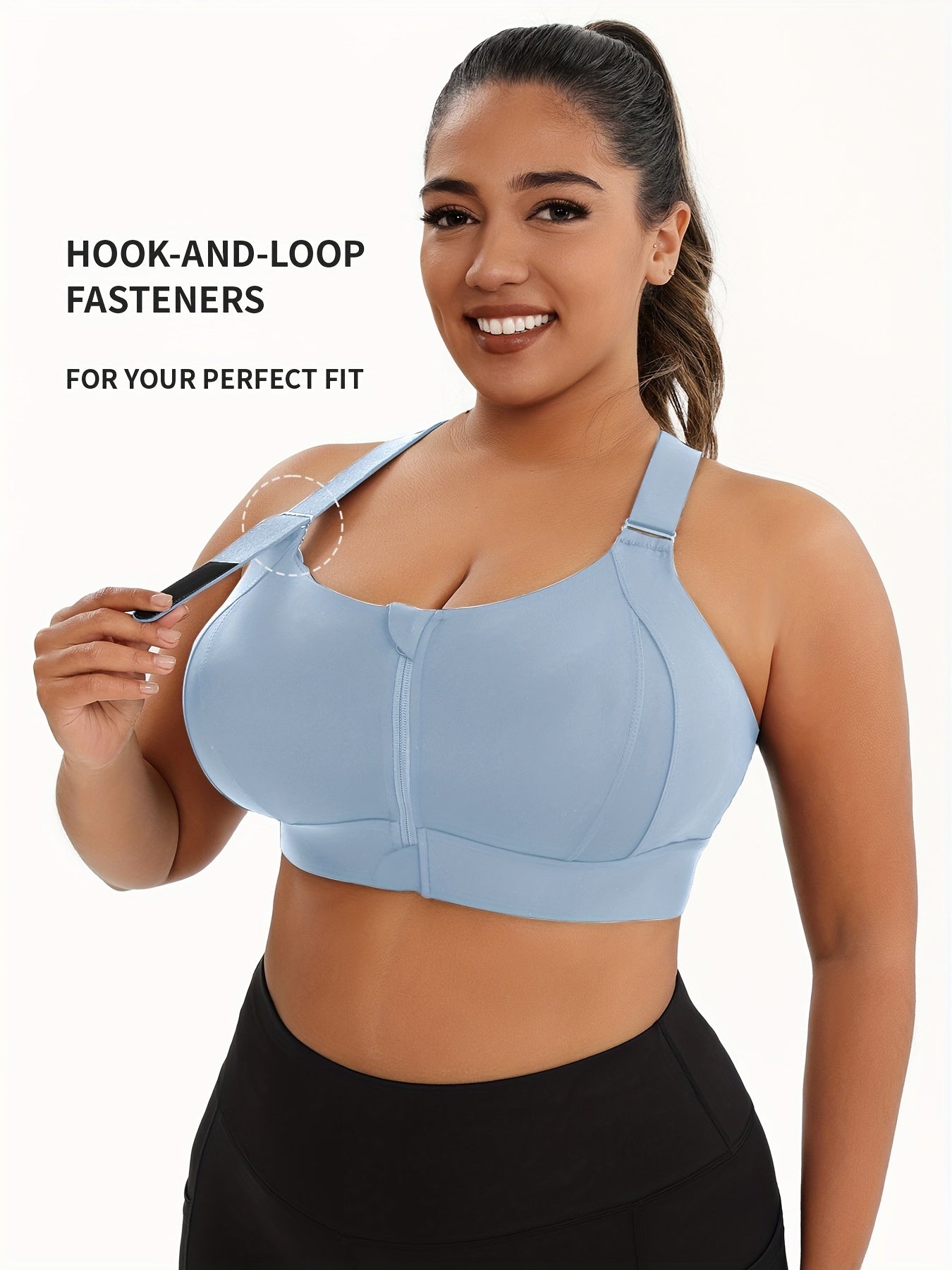 Plus Size Front Zip Sports Bra, High Elasticity Solid Color Fitness Bra, Yoga Athletic Underwear