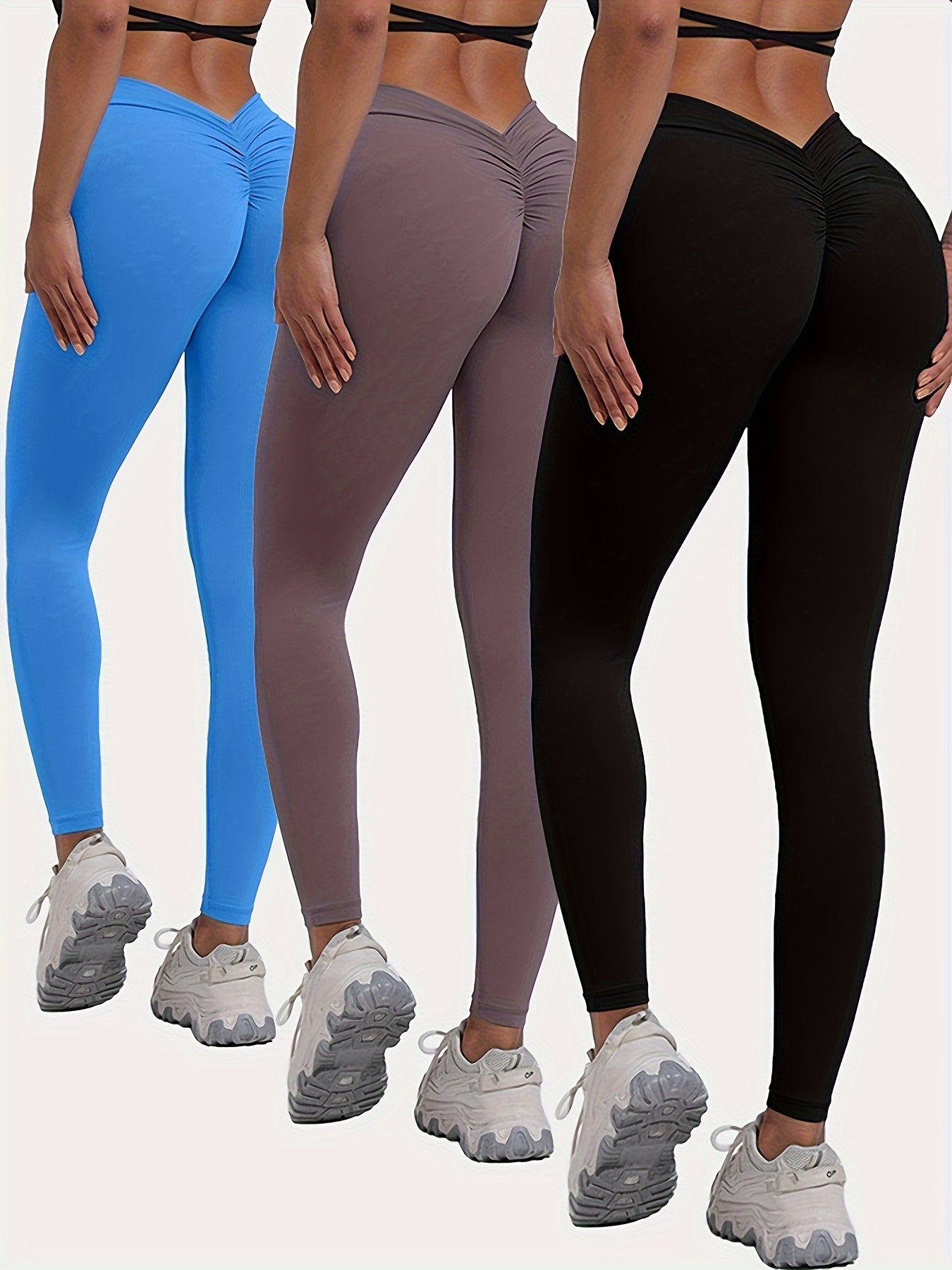 3pcs Solid Color Peach Butt Yoga Sports Leggings, Women's Quick-drying High Elastic Fitness Sports Pants