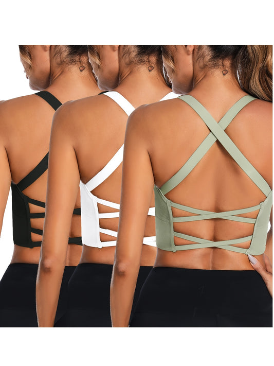 3 Pack Padded Backless Strappy Cross Open Back Sports Bras