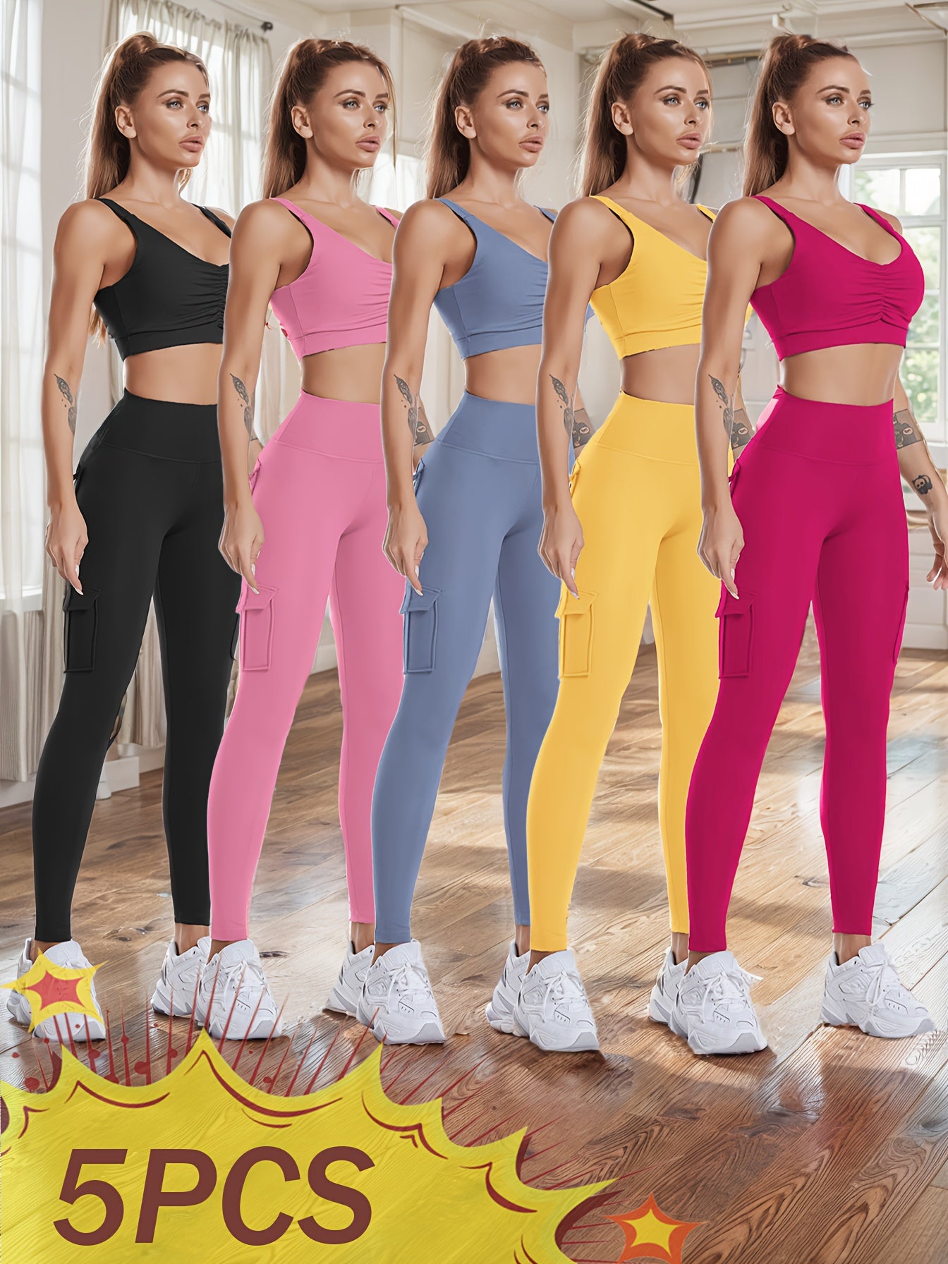 5pcs high-waisted yoga leggings with 4 pockets