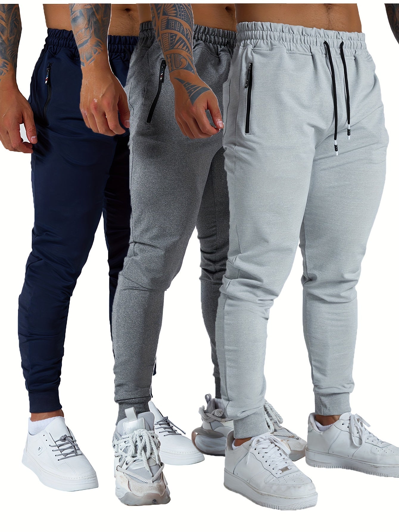 3PCS Zipper Pockets Men's Sweatpants, Tapered Joggers