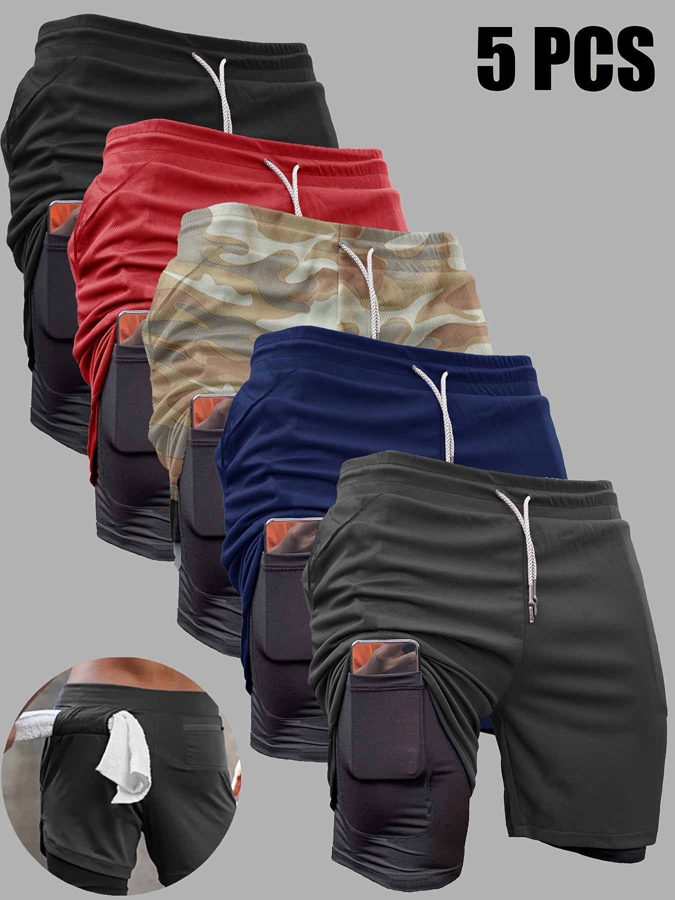 5pcs Men's 2-in-1 Double Layer Shorts With Inner Pocket